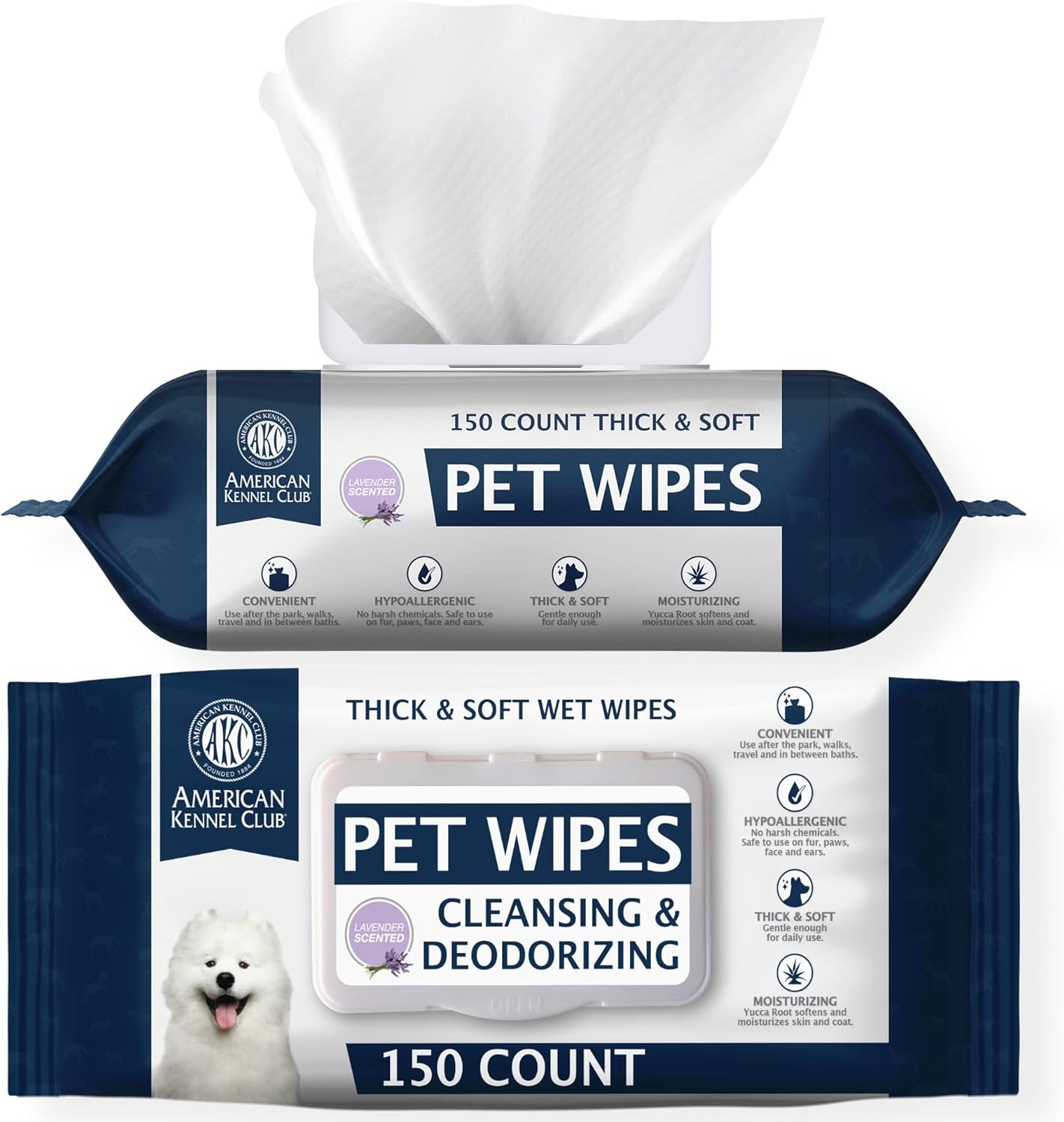 AKC Pet Wipes for Dogs & Cats – Hypoallergenic, Alcohol-Free Wipes for Paws, Face, Ears & Coat – Thick, Gentle Cleaning with Natural Aloe – Available in Lavender, Fresh & Oatmeal Scents