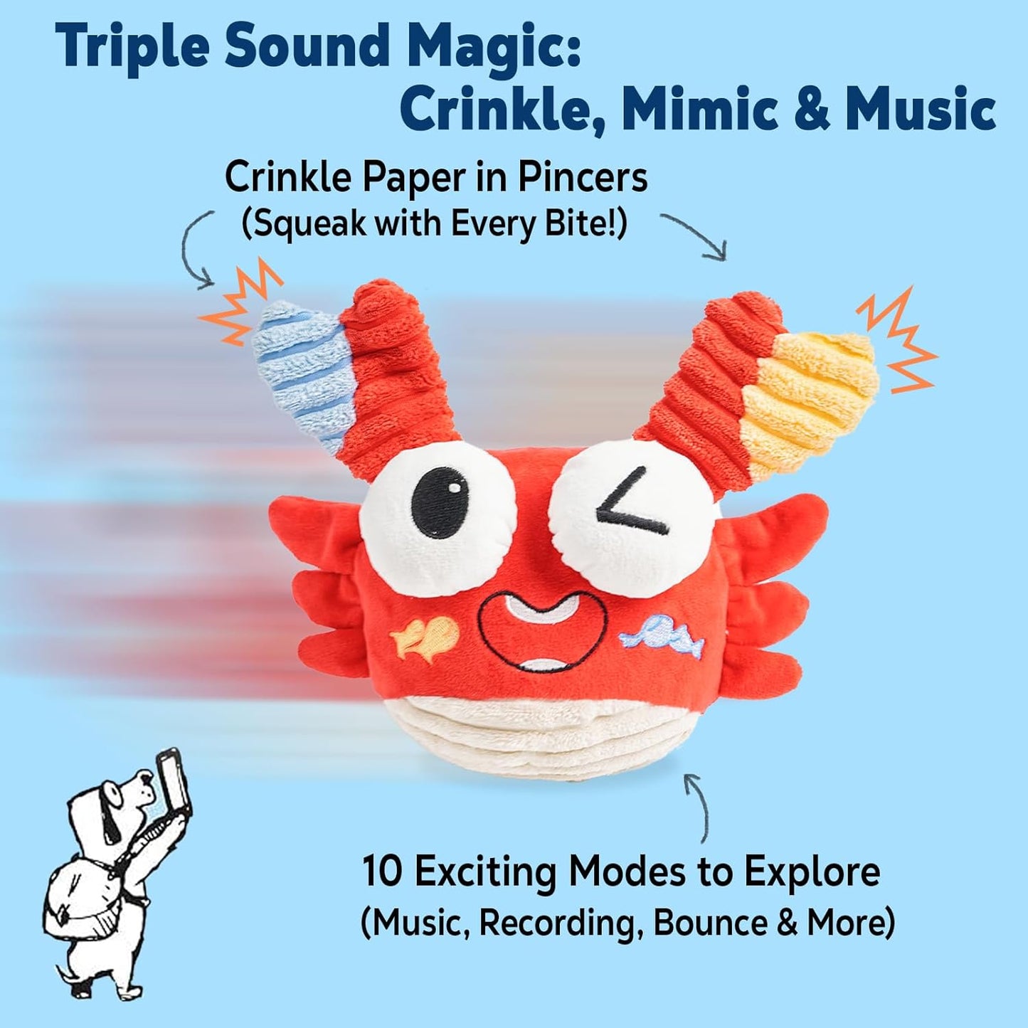 Interactive Dog Toys - Bouncing Crab with Music and Recording, Moving Ball for Small/Medium/Large Puppy to Keep Them Busy for Boredom, Smart Motion Activate Pet Toy, Rehargeable (Playful-Looking)