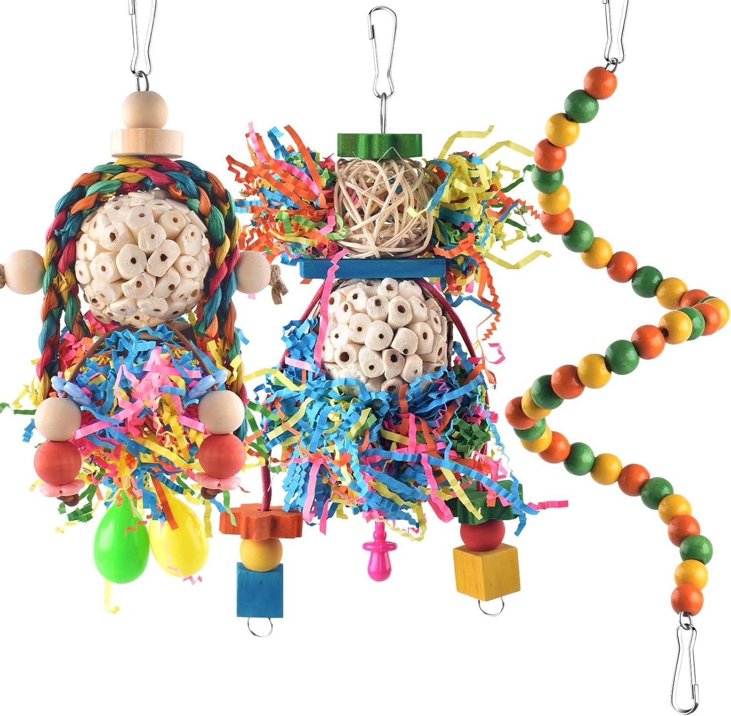 Bissap Conure Toys, 3 PCS Parrot Foraging Shredder Hanging Toys Sola Balls with Sand Hammer Perch Swing Climbing for Small Parrots Parakeets Conures Cockatiels Love Birds Cage Toy