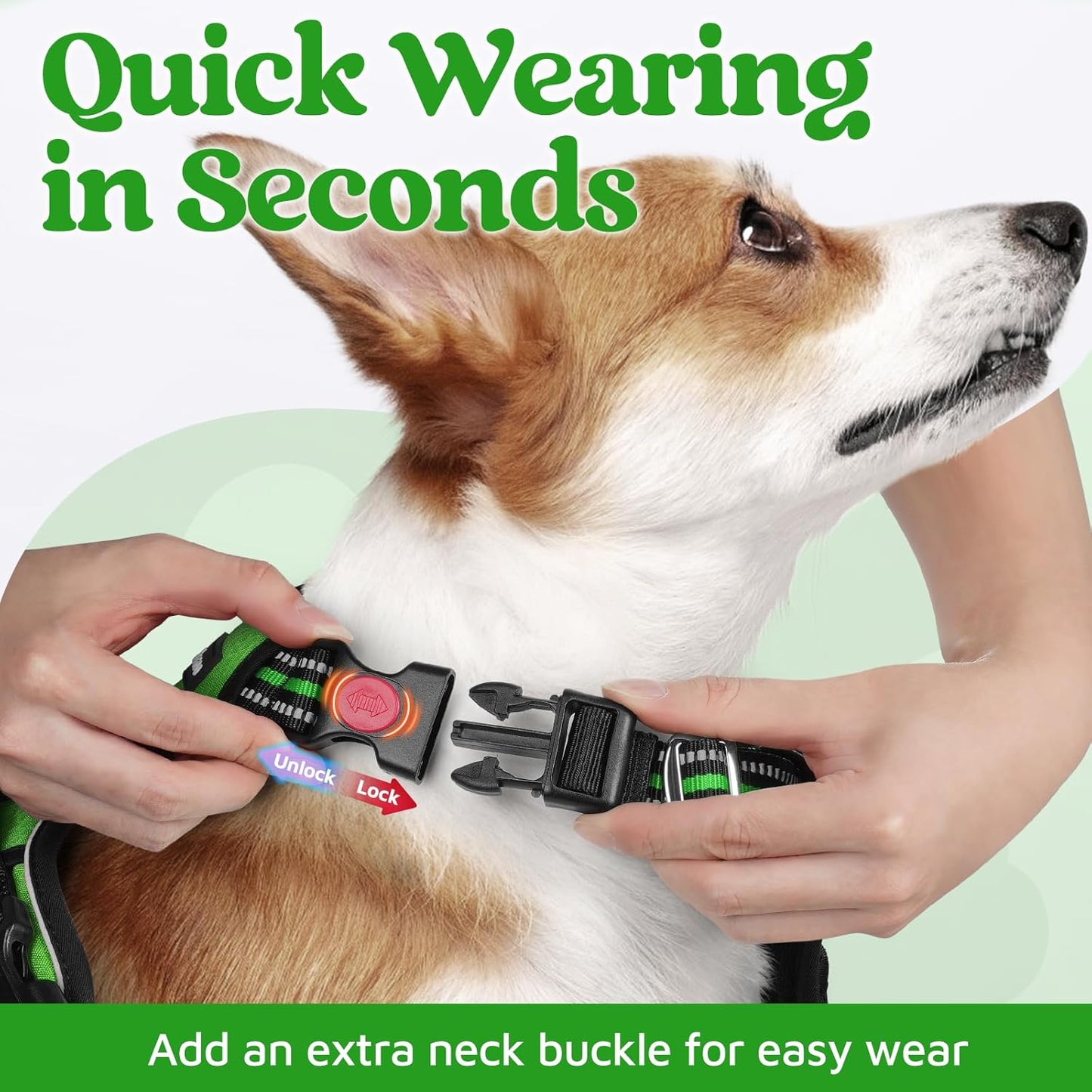 rabbitgoo Dog Harness for Large Dogs, No Pull Pet Vest with 3 Buckles, Adjustable Soft Padded Pet Harness with Easy Control Handle and Reflective Strips, Green, L