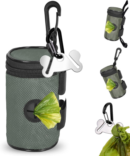 Dog Poop Bag Holder for Leash Attachment - Waste Bag Dispenser for Leash - Fits Any Dog Leash - Portable Set with Hand Free Holder Metal Carrier, Round Shape, Grey