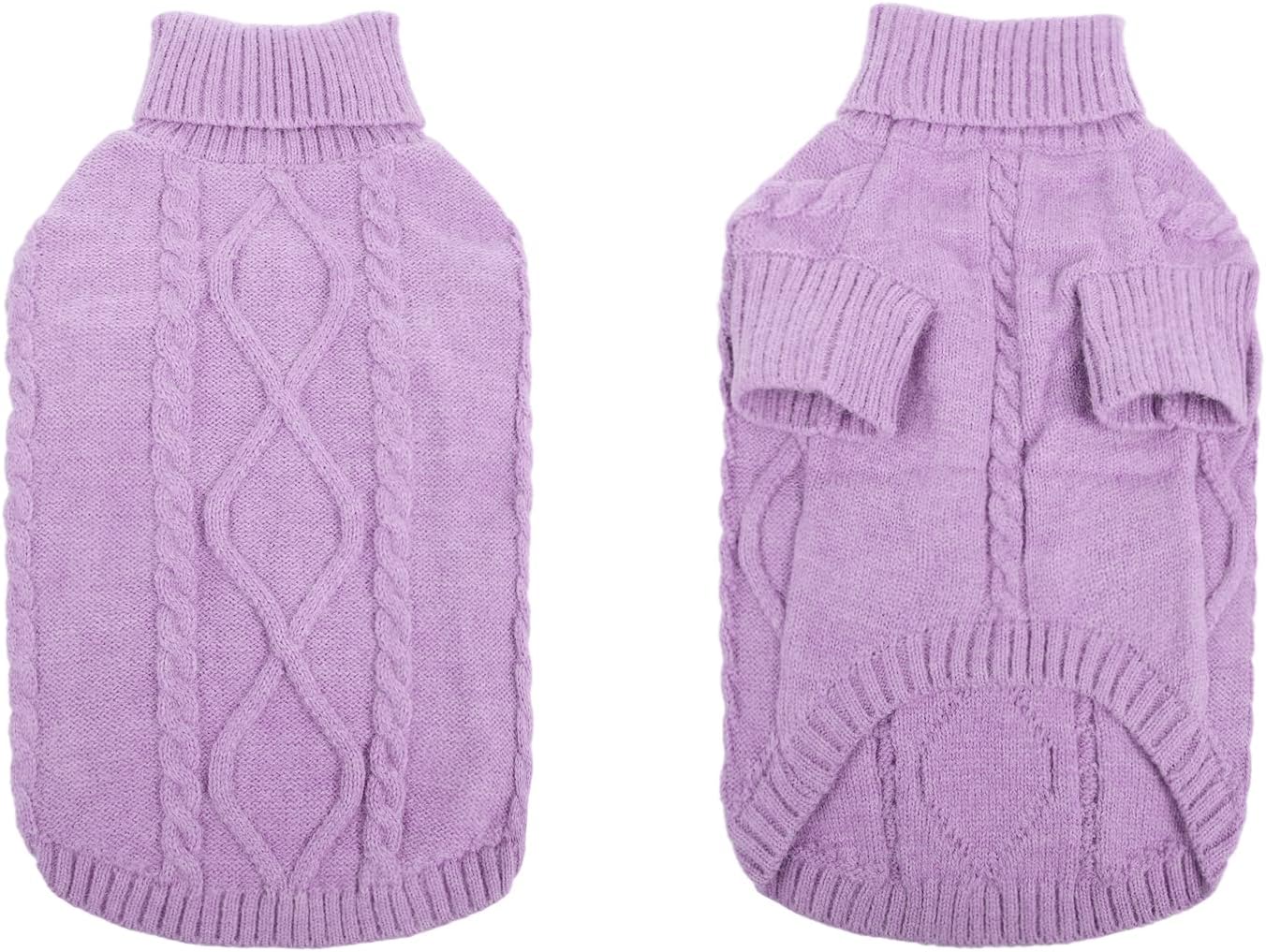 Queenmore Small Dog Pullover Sweater, Cold Weather Cable Knitwear, Classic Turtleneck Thick Warm Clothes for Chihuahua, Bulldog, Dachshund, Pug (Lilac, Medium)