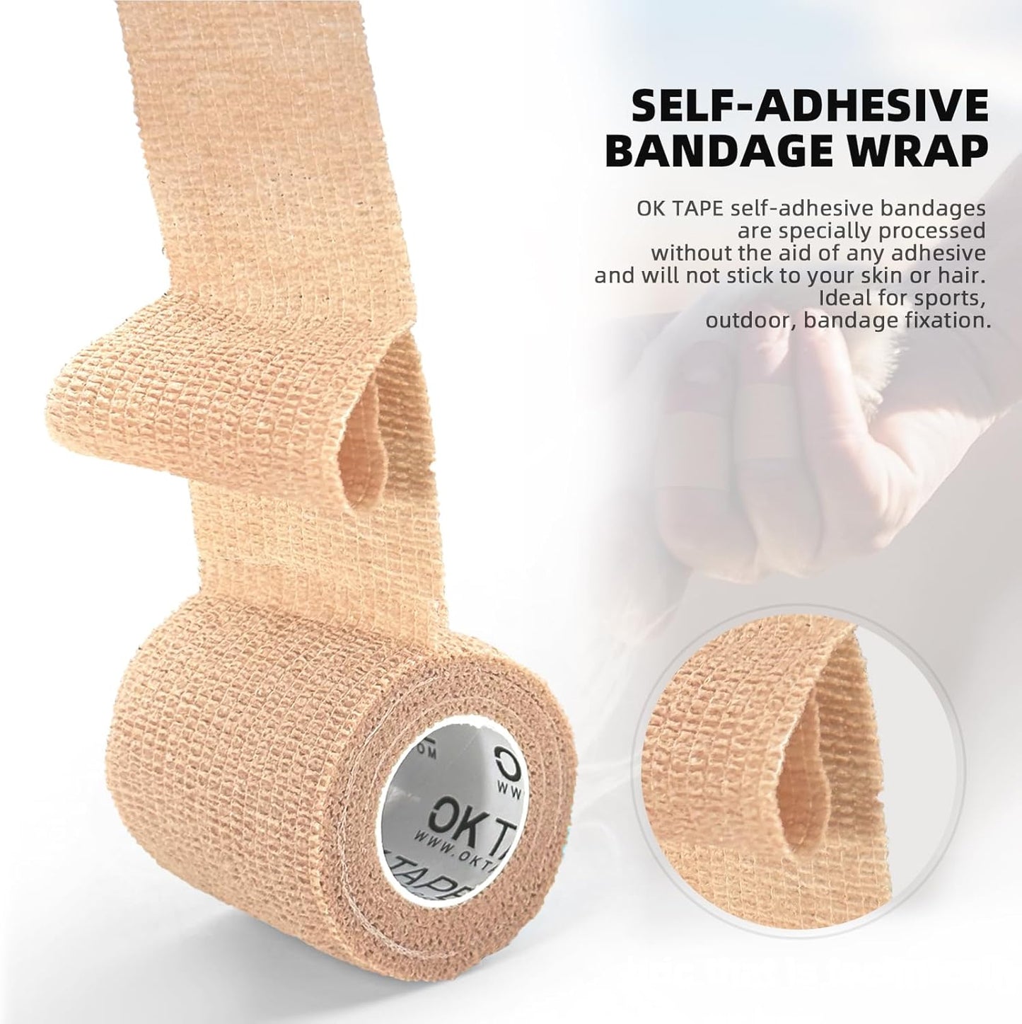 OK TAPE Self Adherent Cohesive Bandages Wrap - 6Packs, 4" x 5 Yards, Non-Woven Self Adhesive Bandage Wrap for Thumb, Finger, Wrist, Ankle, Vet Wrap Bandages Tape (Beige)