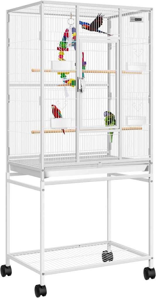 VIVOHOME 54 Inch Wrought Iron Large Bird Flight Cage with Rolling Stand for Parakeets Canaries Cockatiels Lovebirds Conures, White