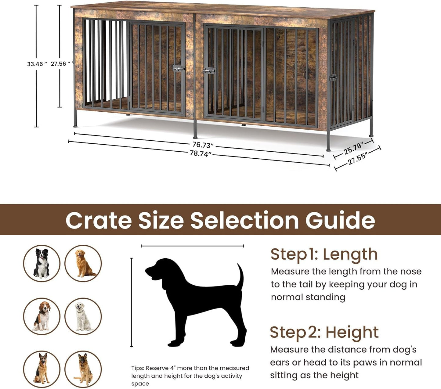 Dog Crate Furniture 78" for 2 Dogs Sturdy Heavy Duty Dog Kennel Solid Metal Tube Thick Wooden with 3 Lockable Doors XXL Double Dog Cage Large Breed as End Table for Large Dogs Rustic Brown