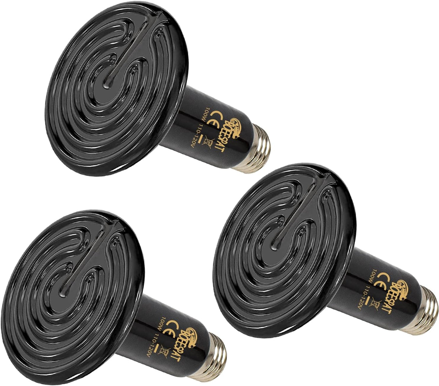 High Efficiency 150W Ceramic Heat Bulbs, Pack of 3 Black Ceramic Heat Emitters for Reptiles Bearded Dragon, Lizards, Geckos & Small Pets Basking