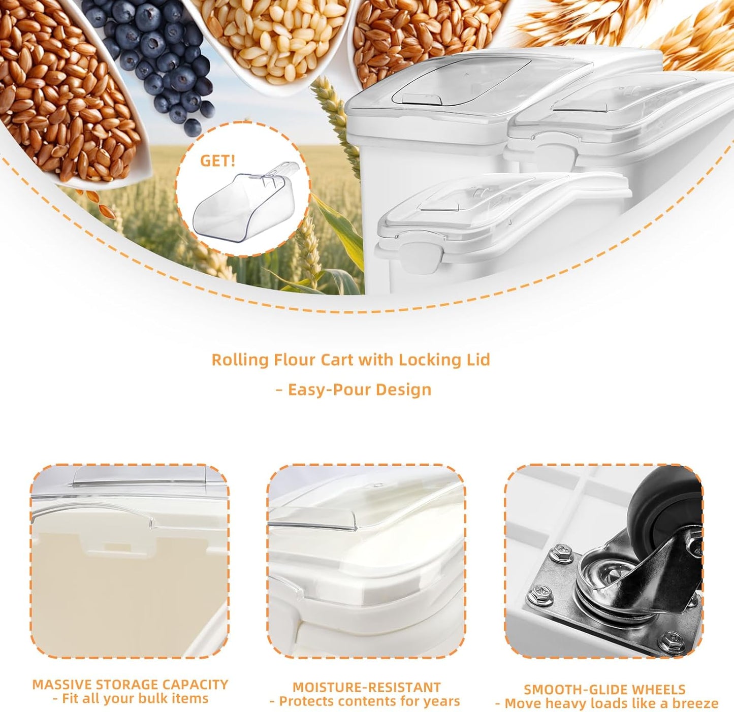 Ingredient Storage Bin,26 Gallon Dispenser Bin with Scoop for Dry Food, Sugar, Baking Supplies,Kitchen Rice Cereal Flour Bin,BPA Free,Pet Food Storage Container,Dog Cat Birds Food (26 Gallon)