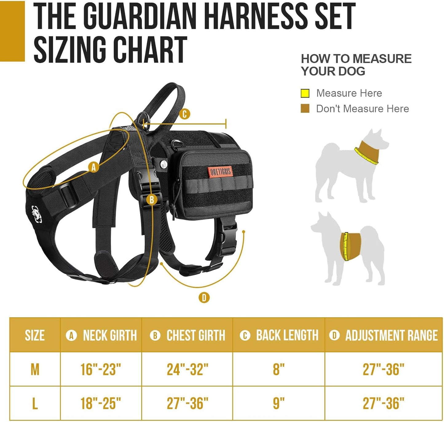 OneTigris Service Dog Vest Harness, Service Dog Cape Guardian Dog Backpack Harness with Pouches Dog Saddle Bag for Small Medium and Large Dogs (Black, Large)
