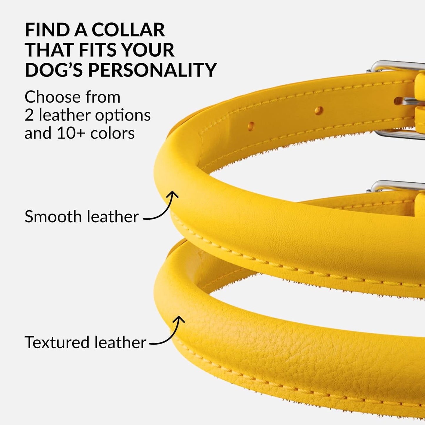 CollarDirect Rolled Leather Dog Collar, Soft Padded Round Puppy Collar, Handmade Genuine Leather Collar Dog Small Large Cat Collars 13 Colors (6-7 Inch, Yellow Smooth)