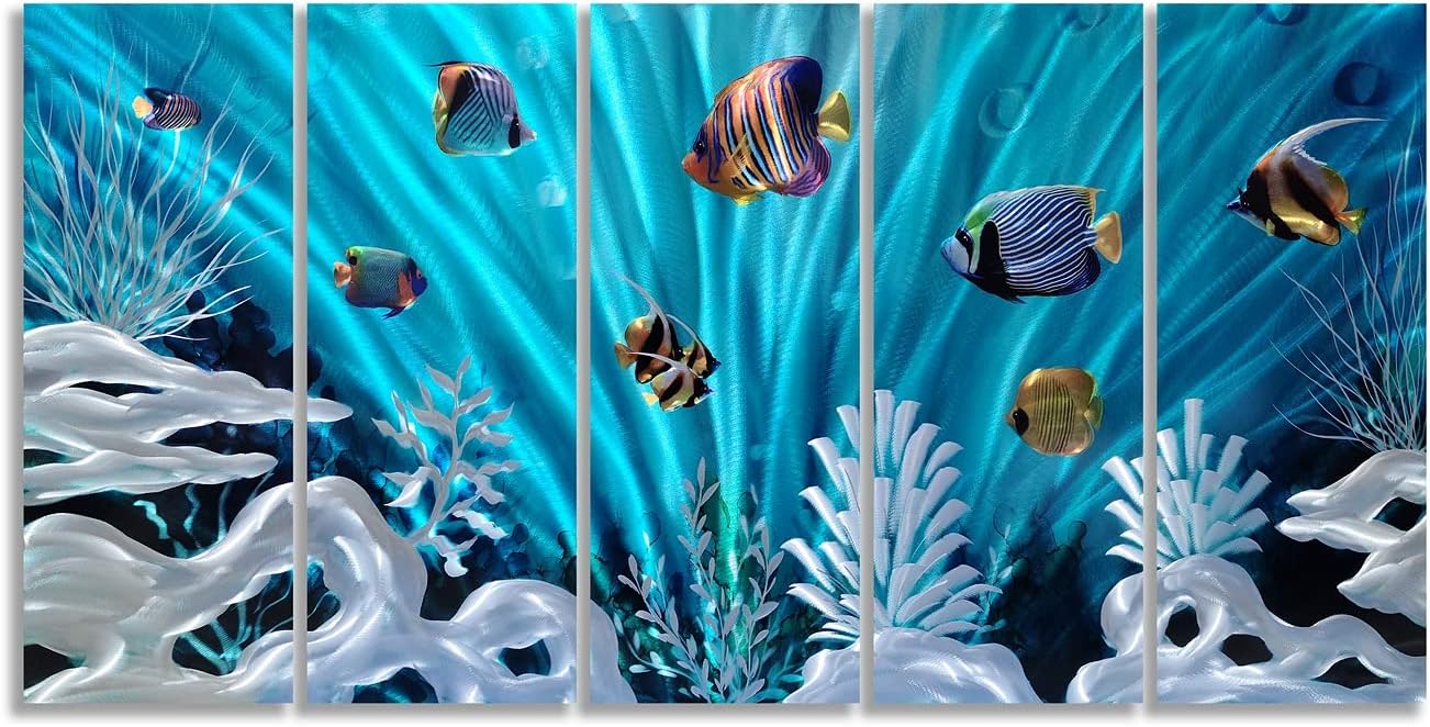 SYGALLERIER Fish Metal Wall Art Hand Crafted Large 3D Sea Life Pictures Modern Abstract Coastal Aluminum Artwork Contemporary Sculpture for Living Room Bedroom Dinning Decor