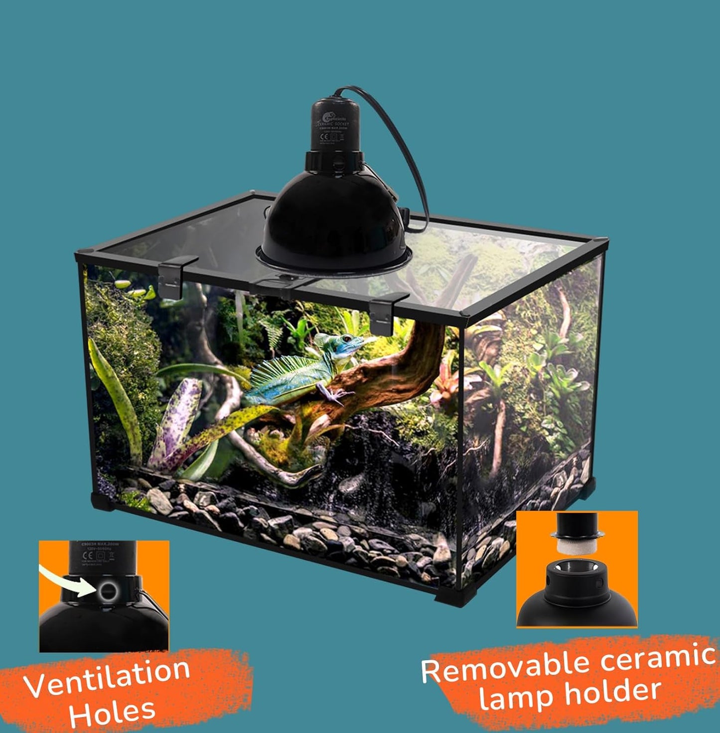Reptile Light Fixture, 5.5 Inch Max 200W Deep Dome Heat Lamp with Optical Reflection, UVB Basking Lamp for Amphibian & Reptile Terrariums