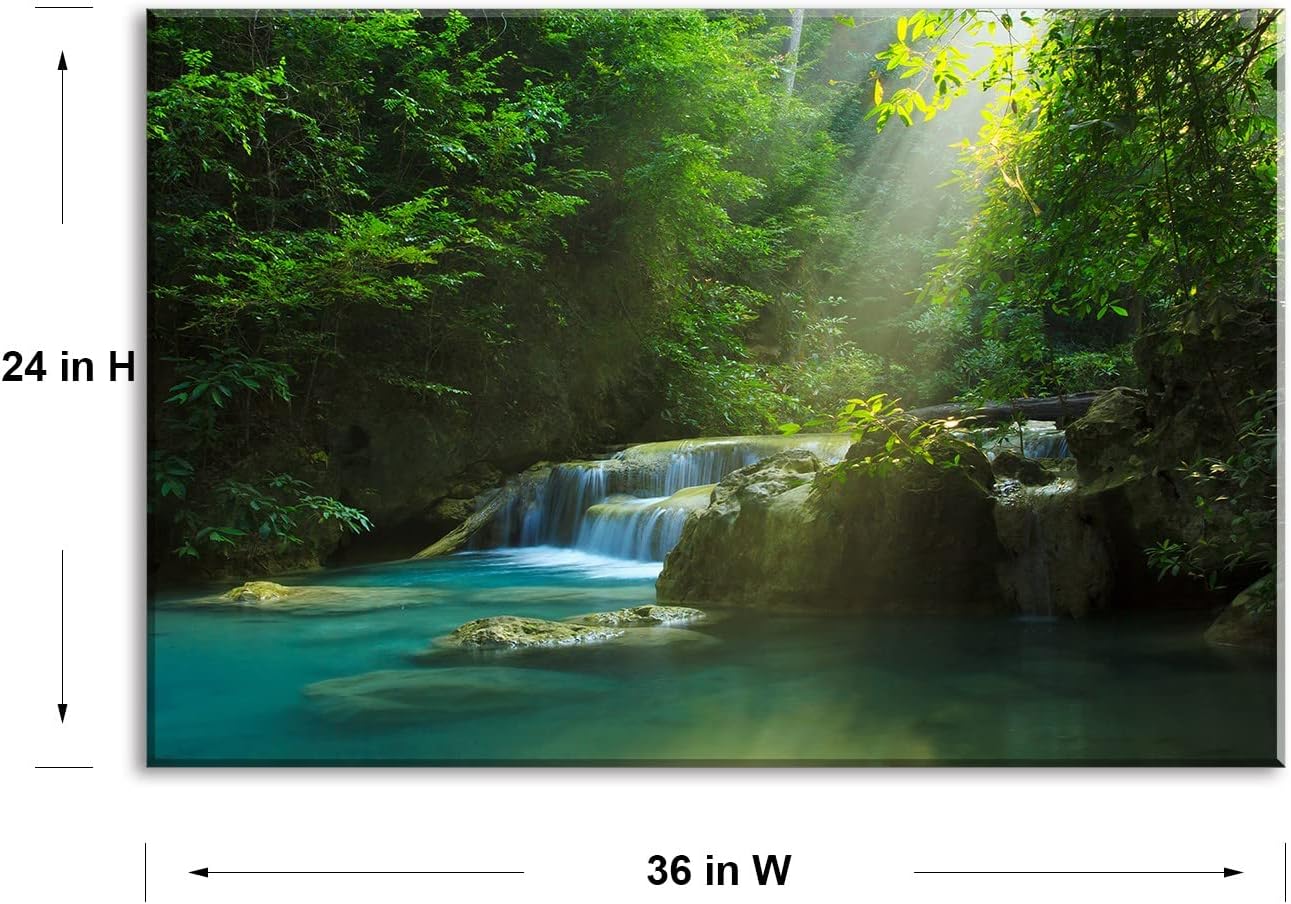 Silent Summer Forest Landscape Stretched Canvas Wall Art for Living Room Home, Bright Sun Shine on Stream Scenery Picture Print Artwork Decoration Painting Decor, Gallery Wrapped, Inner Frame (24x36)