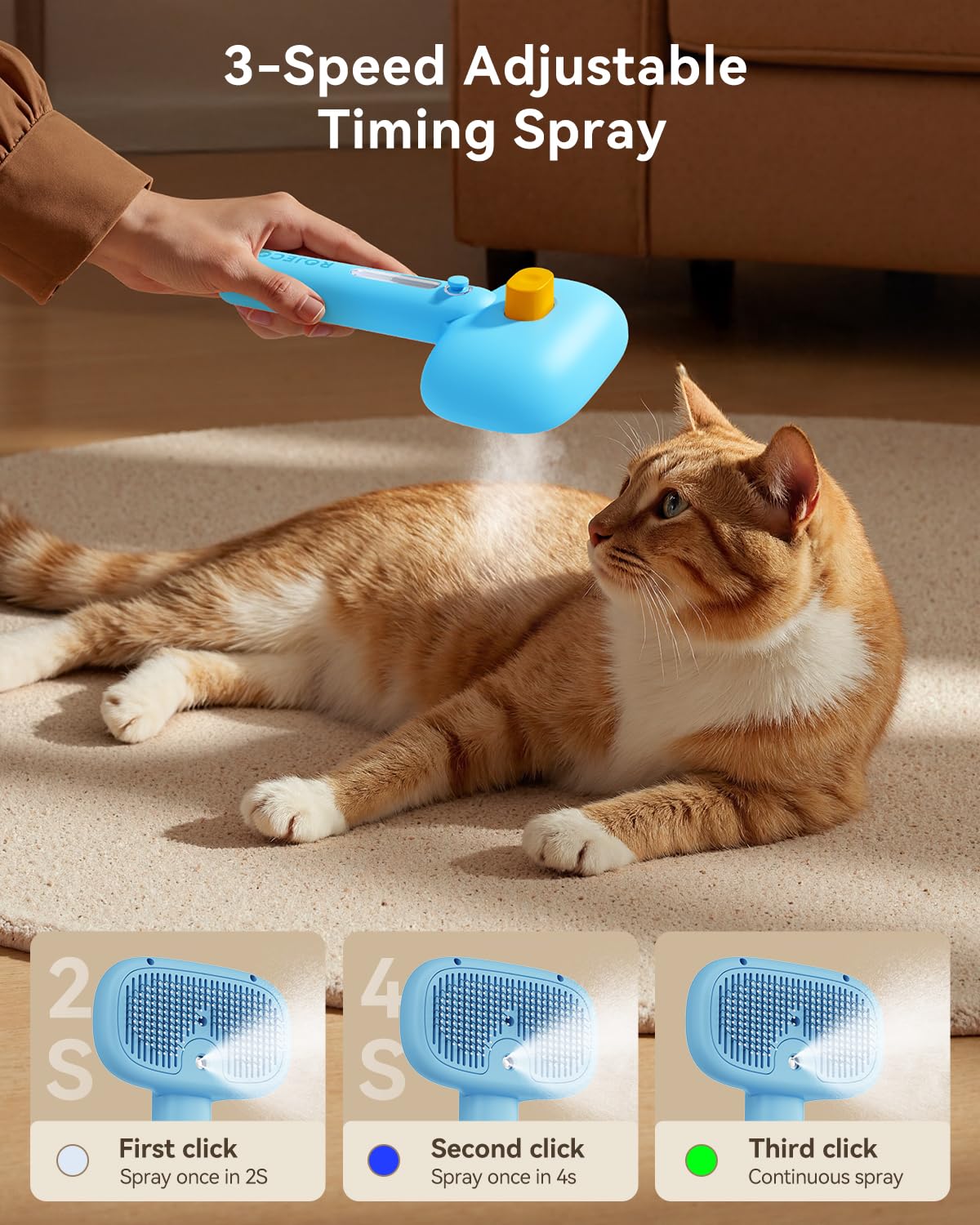 ROJECO 3-in-1 Pet Steam Brush for Cats&Dogs - Detangling Comb with Adjustable Mist, Handheld Deshedding Grooming Tool for Long/Short Hair, Massage Brush & Shedding Control Gift,Cordless (Blue)