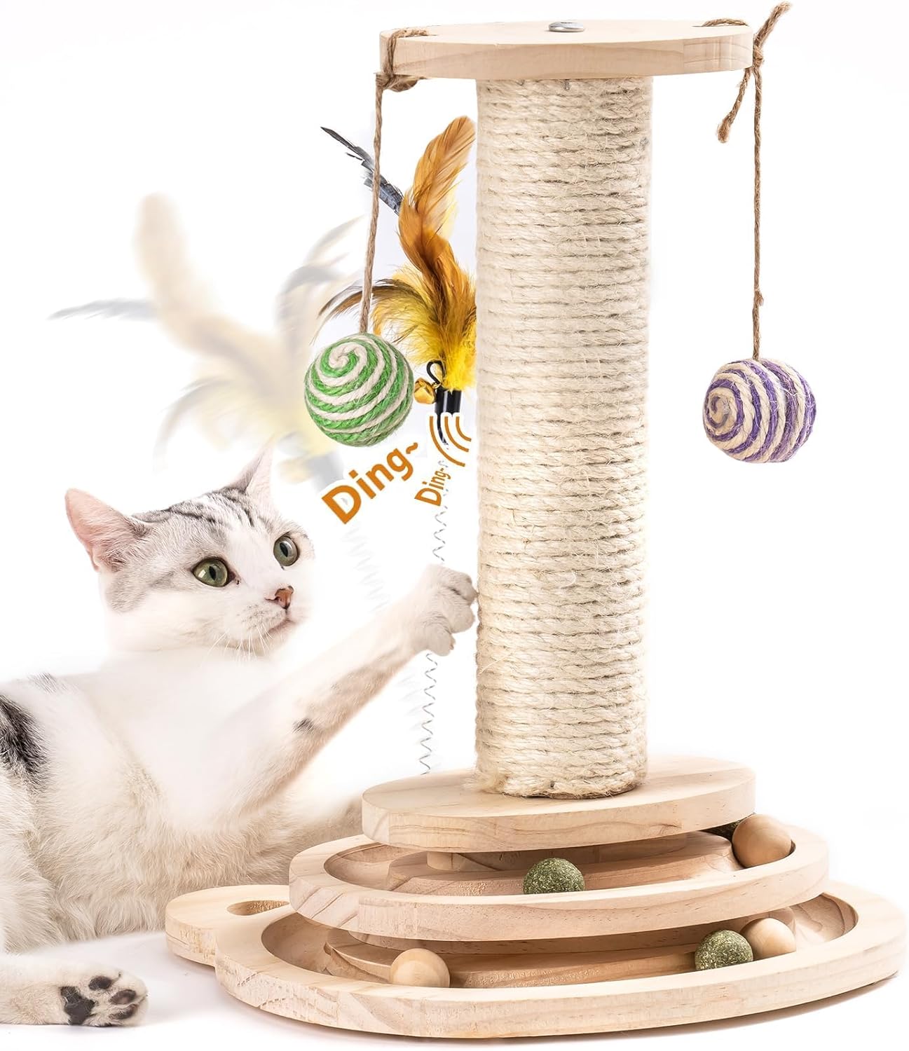 MEWOOFUN Cat Toy 2-Layer Turntable Cat Ball Toy with Feather,Kitten Toys Interactive Cat Toy with Eight Interactive Balls and Two Sisal Dangling Balls (Large)
