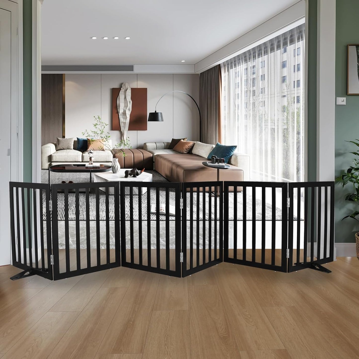 ZJSF Freestanding Indoor Dog Gate for House Foldable Wood Puppy Gate for Doorways Pet Gate for Stairs Extra Wide Pet Fence, Black, 24" Height 6 Panels