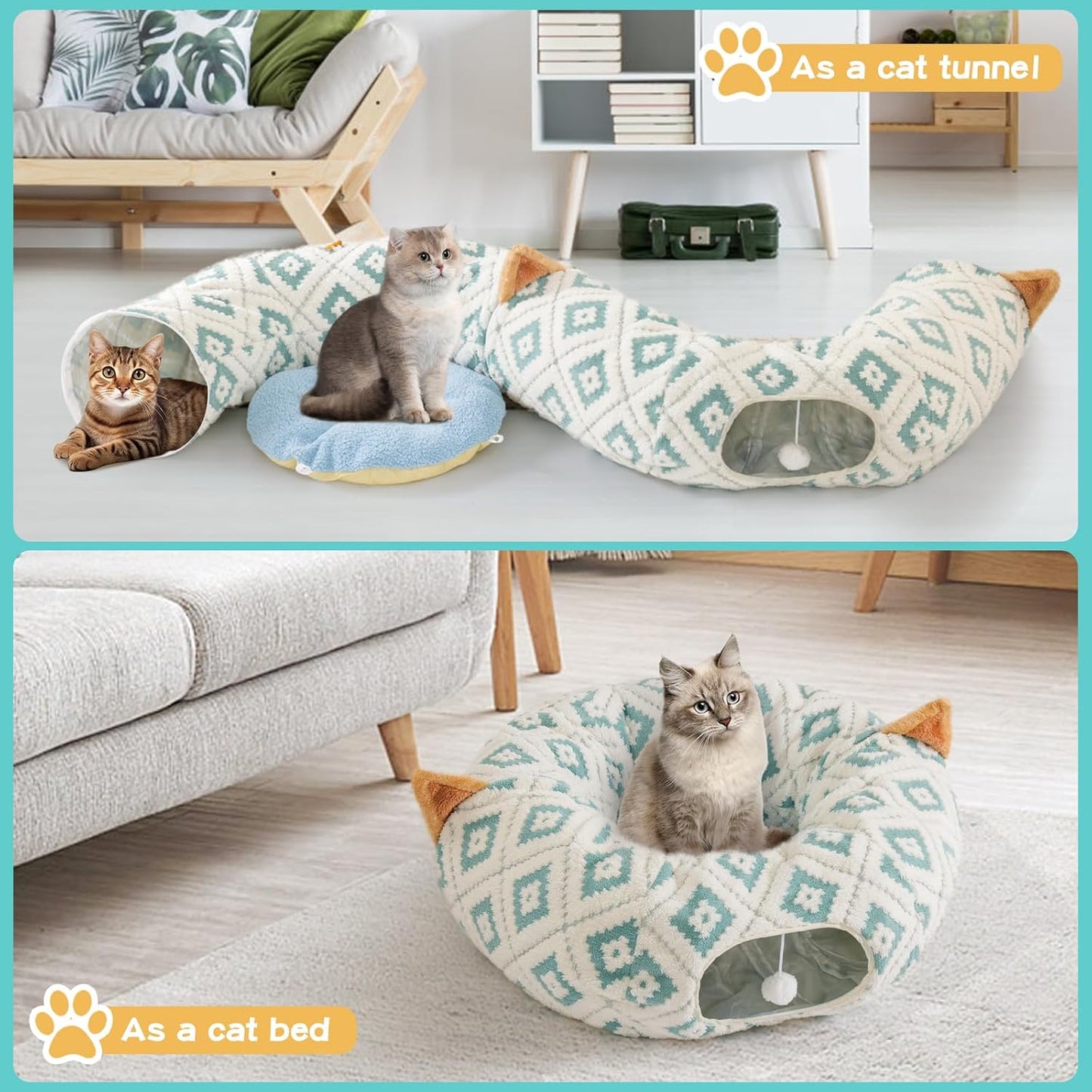 Cat Tunnel Bed with Soft Cushion, Cat Donut Tunnels for Indoor Cats, Peekaboo Cat Cave Toy, Multifunctional Playground Toys for Kittens, Rabbit, Blue Jacquard Pattern