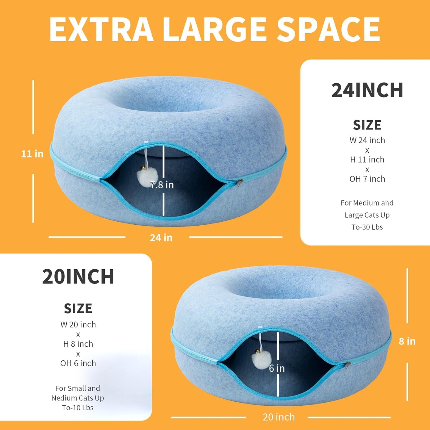 Jia Xi Cat Tunnel Bed and Hideout, Large Indoor Cat Condo with Cave (24 inch, Blue)