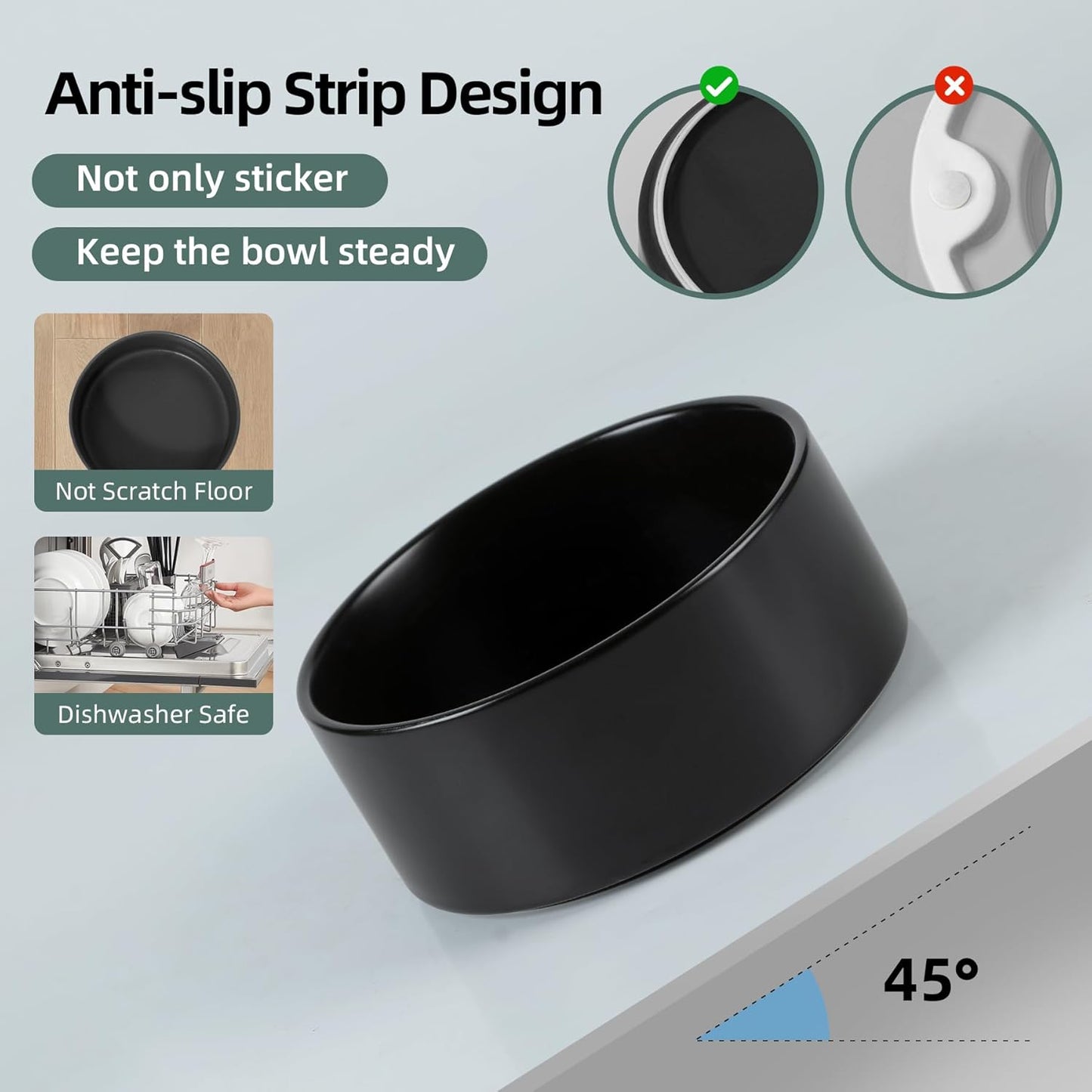 Ceramic 6.1inch Non-Slip Dog Food and Water Bowl for Small & Medium Breed Dogs,Pet Bowl for Replacement, Protects Cervical Spine (Black)