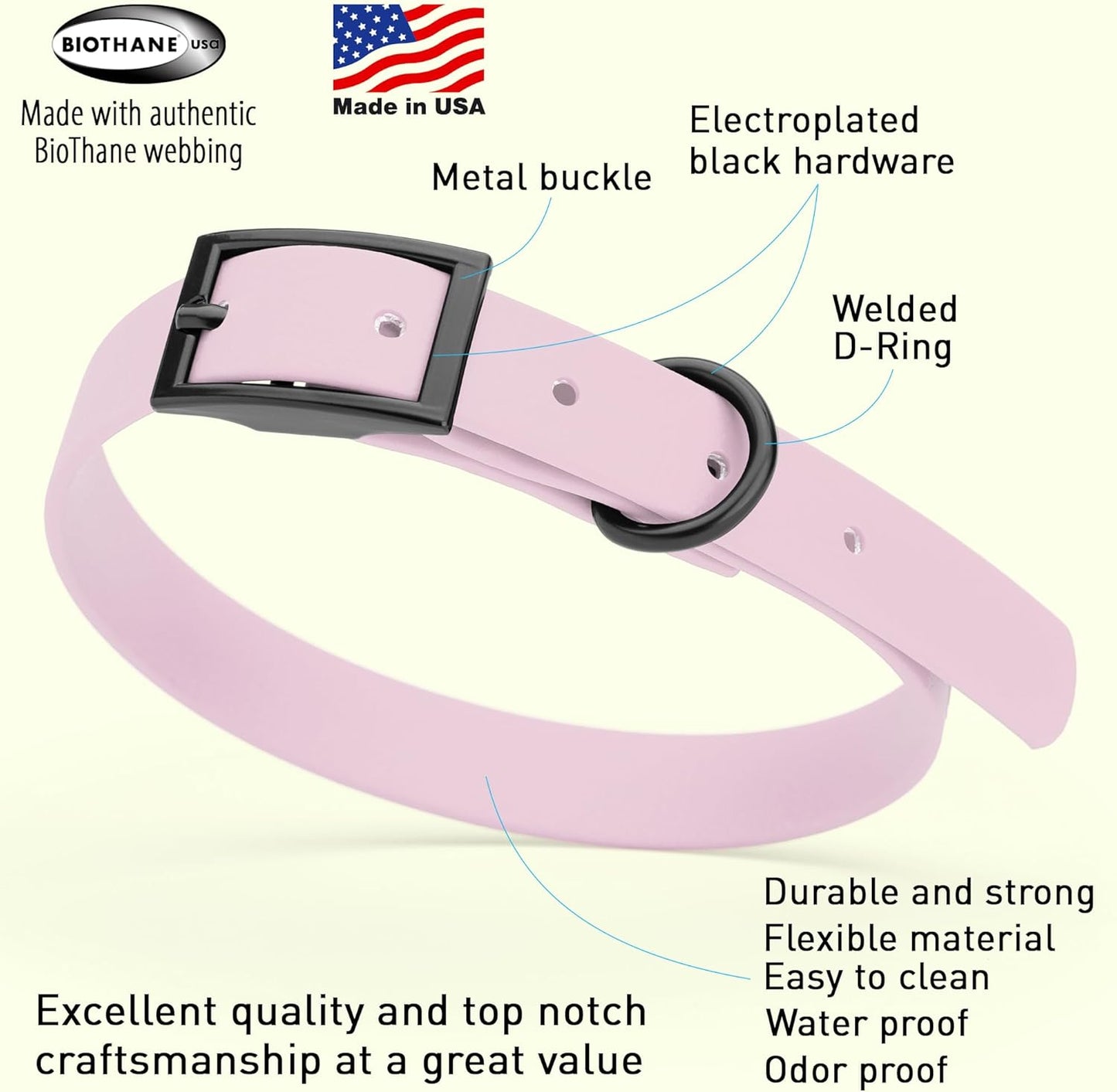 Dogline Biothane Waterproof Dog Collar Strong Coated Nylon Webbing with Black Hardware Odor- Proof for Easy Care Easy to Clean High Performance Fits Small Medium or Large Dogs, Pastel Purple