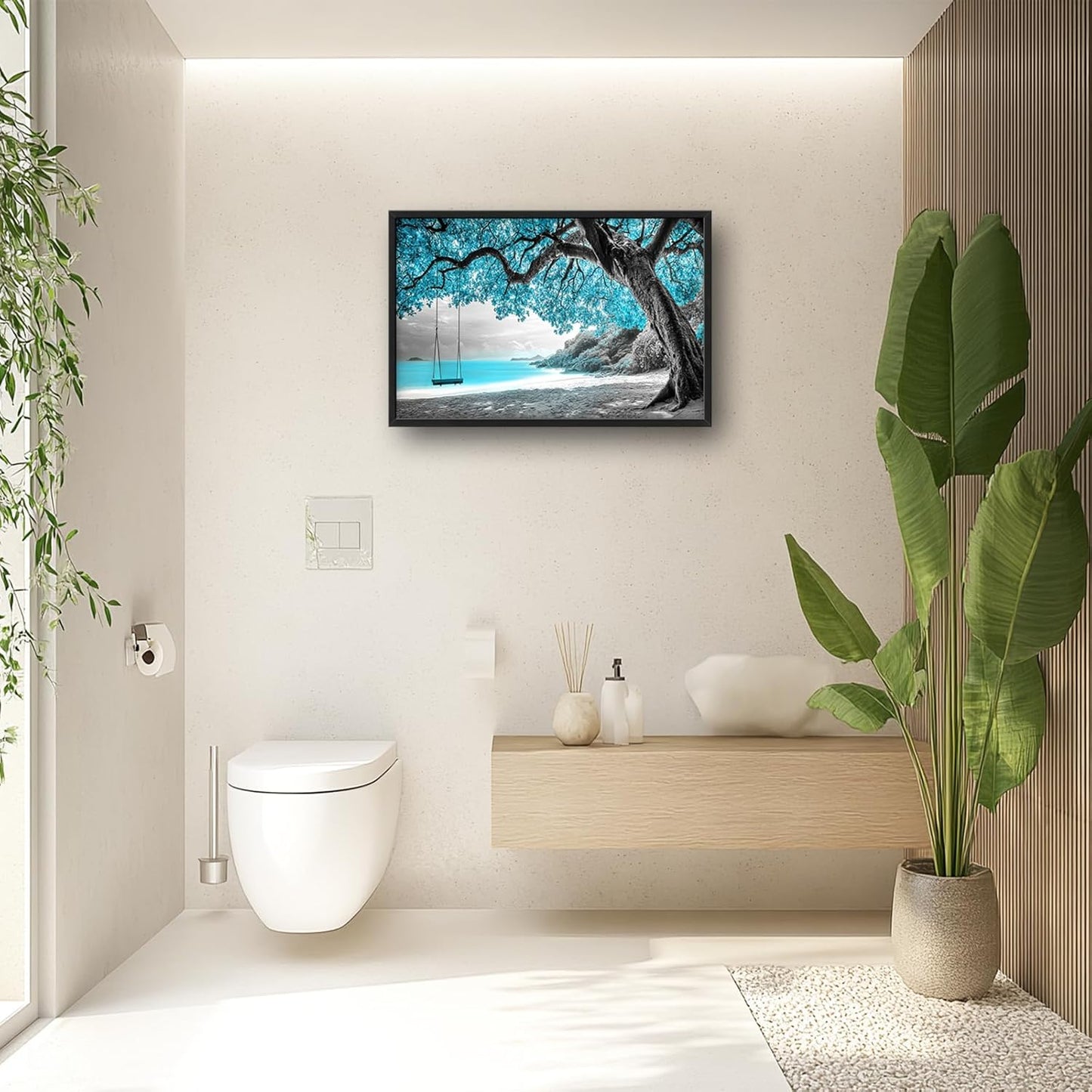 Extra Large Framed Abstract Tree Wall Art,Black and White Tree of Life Wall Decor,Blue Teal Sea Pictures for Living Room,Canvas Print Painting Modern Artwork Bedroom Office Bathroom 36L x 24W