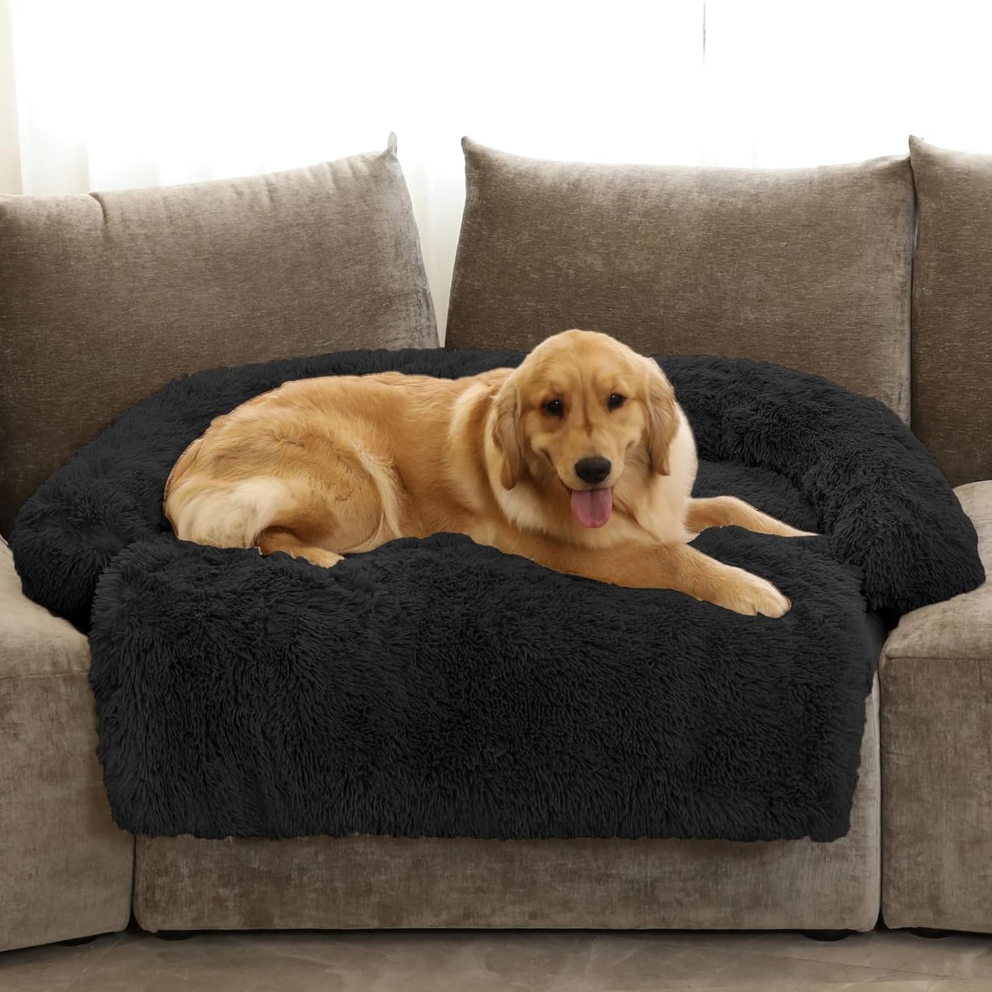 GGIB Calming Dog Bed Fluffy Plush Dog Mat for Furniture Protector with Removable Washable Cover for Large Medium Small Dogs and Cats (Extra Large (53x39.3x6), Black)