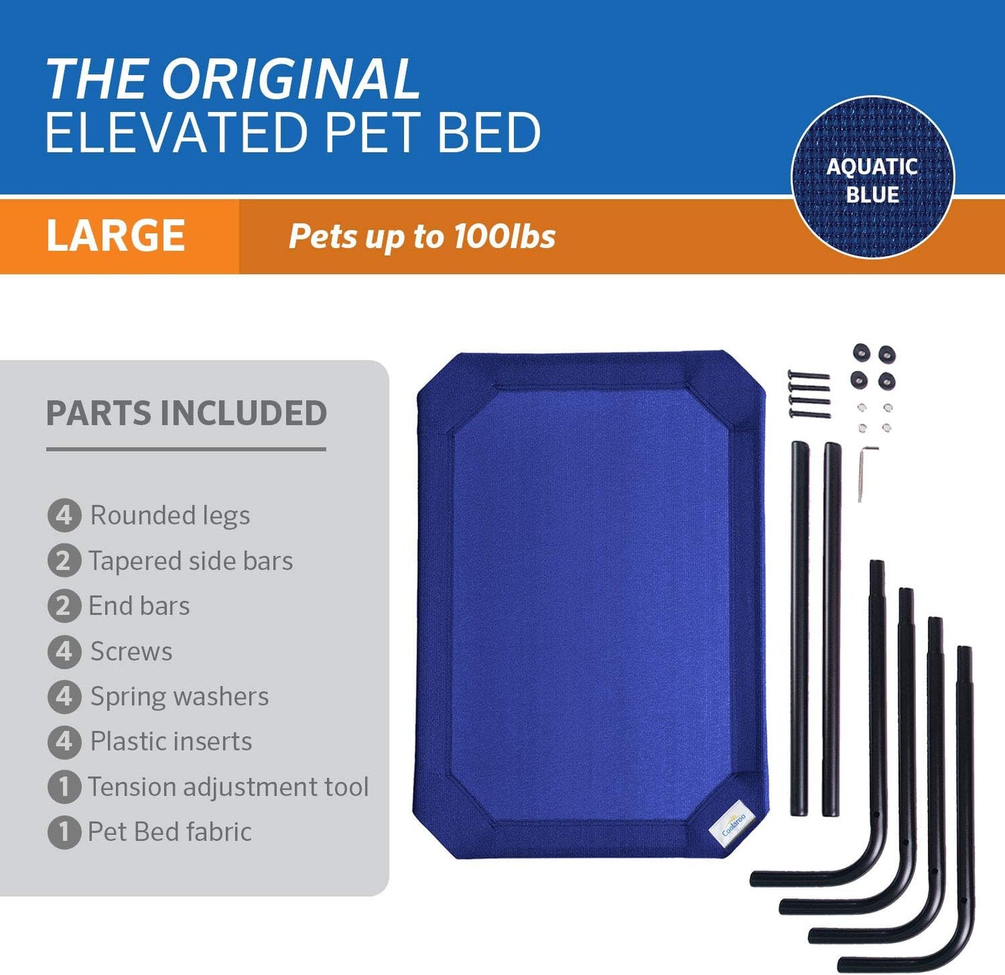 Coolaroo Original Elevated Dog Bed - Breathable Off-The-Ground Pet Bed with Cooling Fabric, Joint Relief & Moisture-Resistant Fabric, 100% Recyclable, Easy Clean, Aquatic Blue, Large