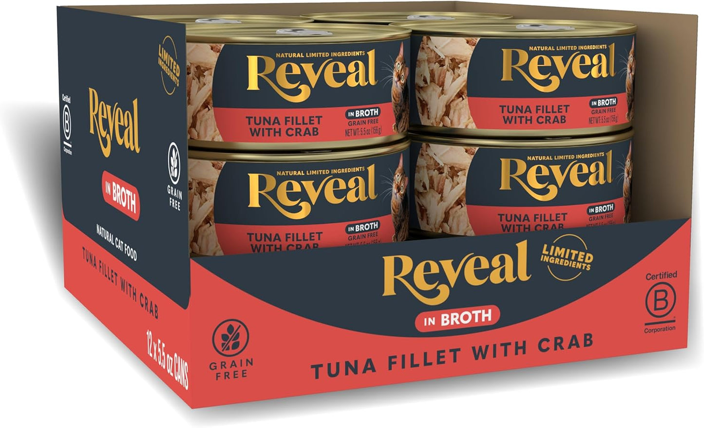 Reveal Natural Wet Cat Food, 12 Count, Grain Free, Limited Ingredient Canned Food for Cats, Tuna Fillet with Crab in Broth, 5.5 oz Cans