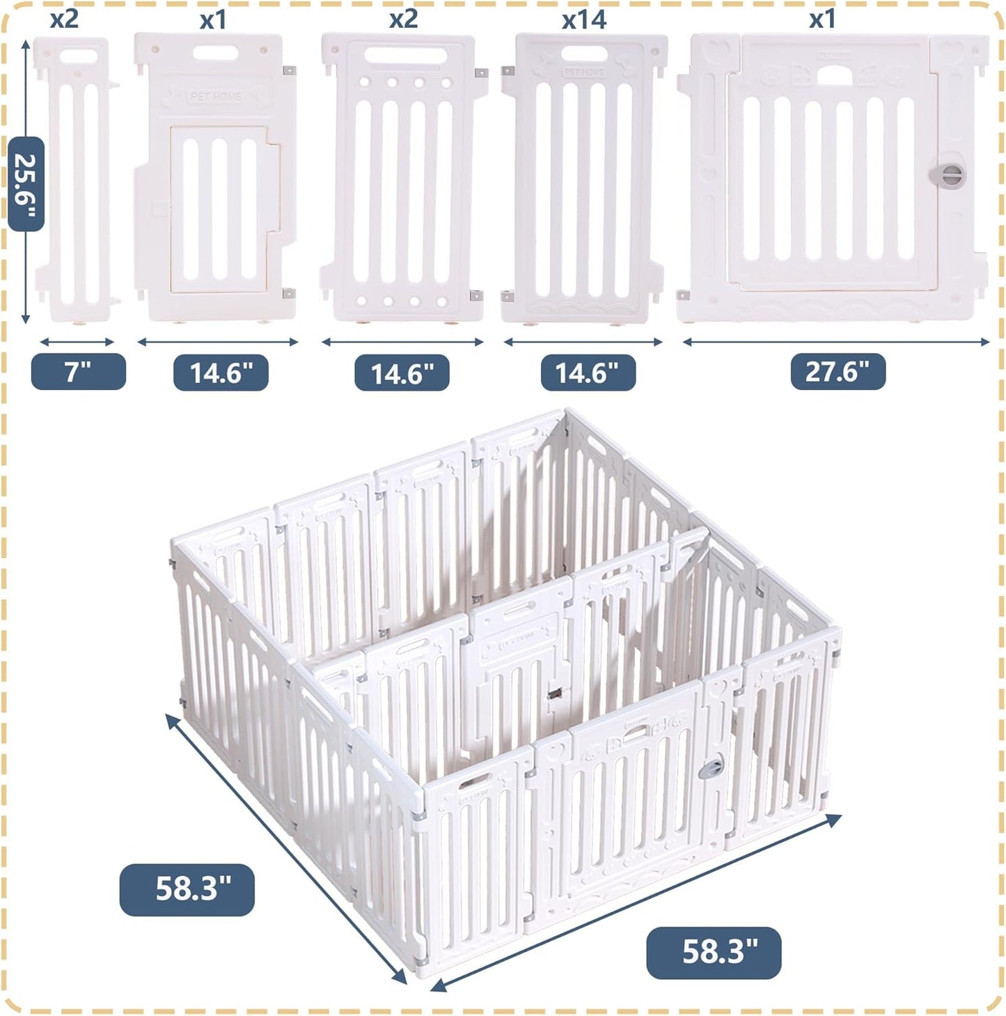 2 Room Dog Playpen with Door,DIY Shape Combination Puppy Pen,16-Panel+2 Link Piece+Large Door+Small Door,25.5" H Dog Fence,Non-Slip&Secure Pet Gate,Easy to Assemble (Two Rooms)