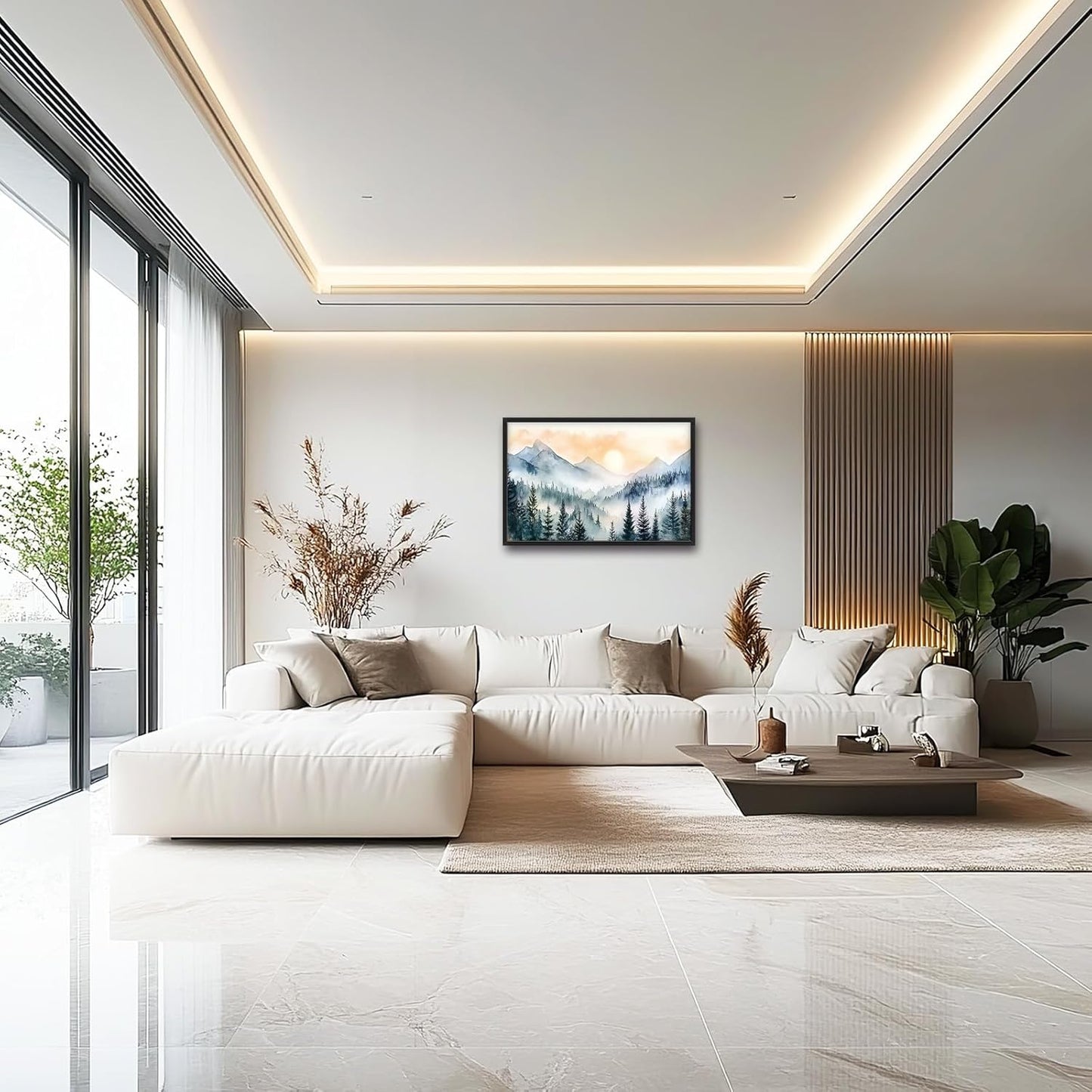 Large Misty Mountain Forest Wall Art for Living Room, Framed Foggy Sunrise Landscape Wall Decor Oversized Watercolor Canvas Painting Modern Artwork Home Decoration for Bedroom Office 36"x24"