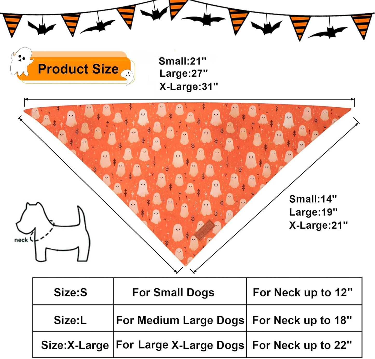PTDECOR Halloween Dog Bandana, Ghost Pumpkin Design Reversible Holiday Dog Scarf, Triangle Halloween Bandanas for Medium Large Dogs Pets (Large)