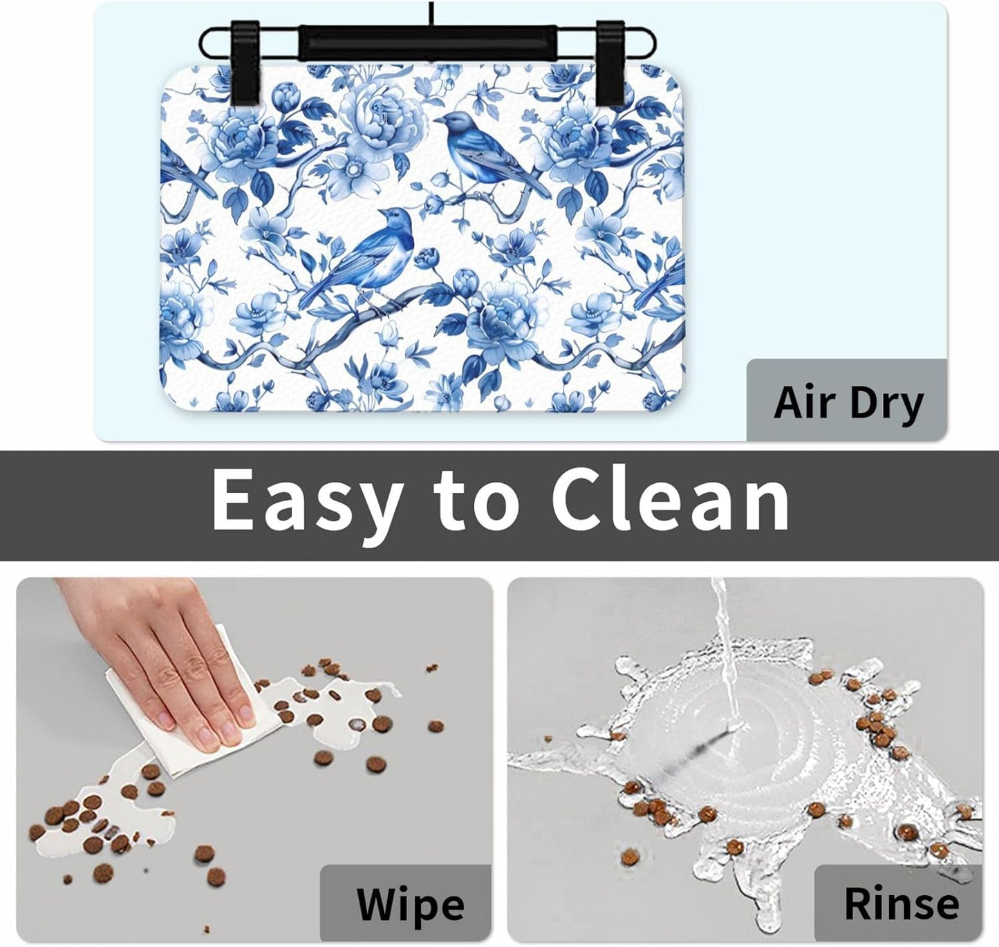 Chinoiserie Floral Birds Dog Food Mat Absorbent Bowl Mats No Stains Quick Dry Waterproof Pet Cat Placemats for Food and Water, 30x45cm