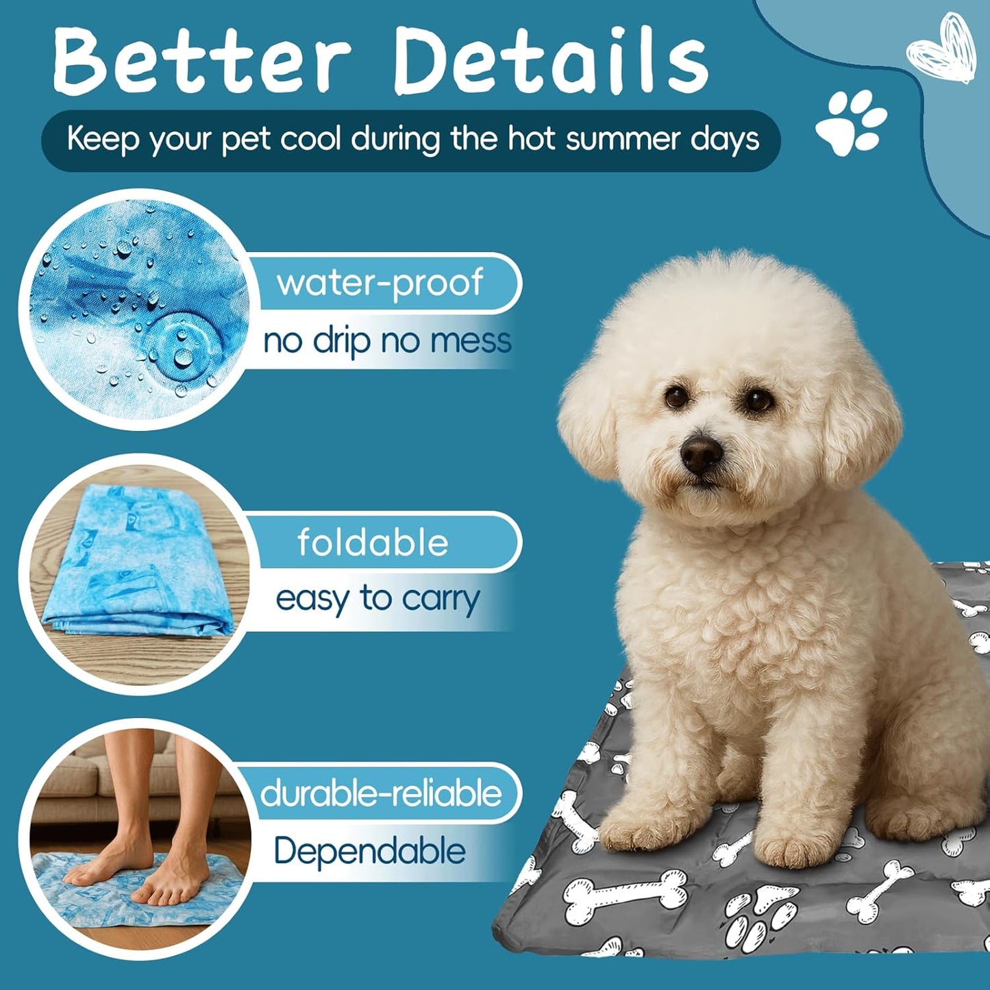 Cooling Pad for Large Dog,Instant Pet Cool Mat,Comfortable Cool Pet Mat for Cat.Portable Dog Bed for Summer. Suitable for Outdoor Summer Crate Pad.Long Time Cooling.Bone(Size-L 19.7 * 23.6in)