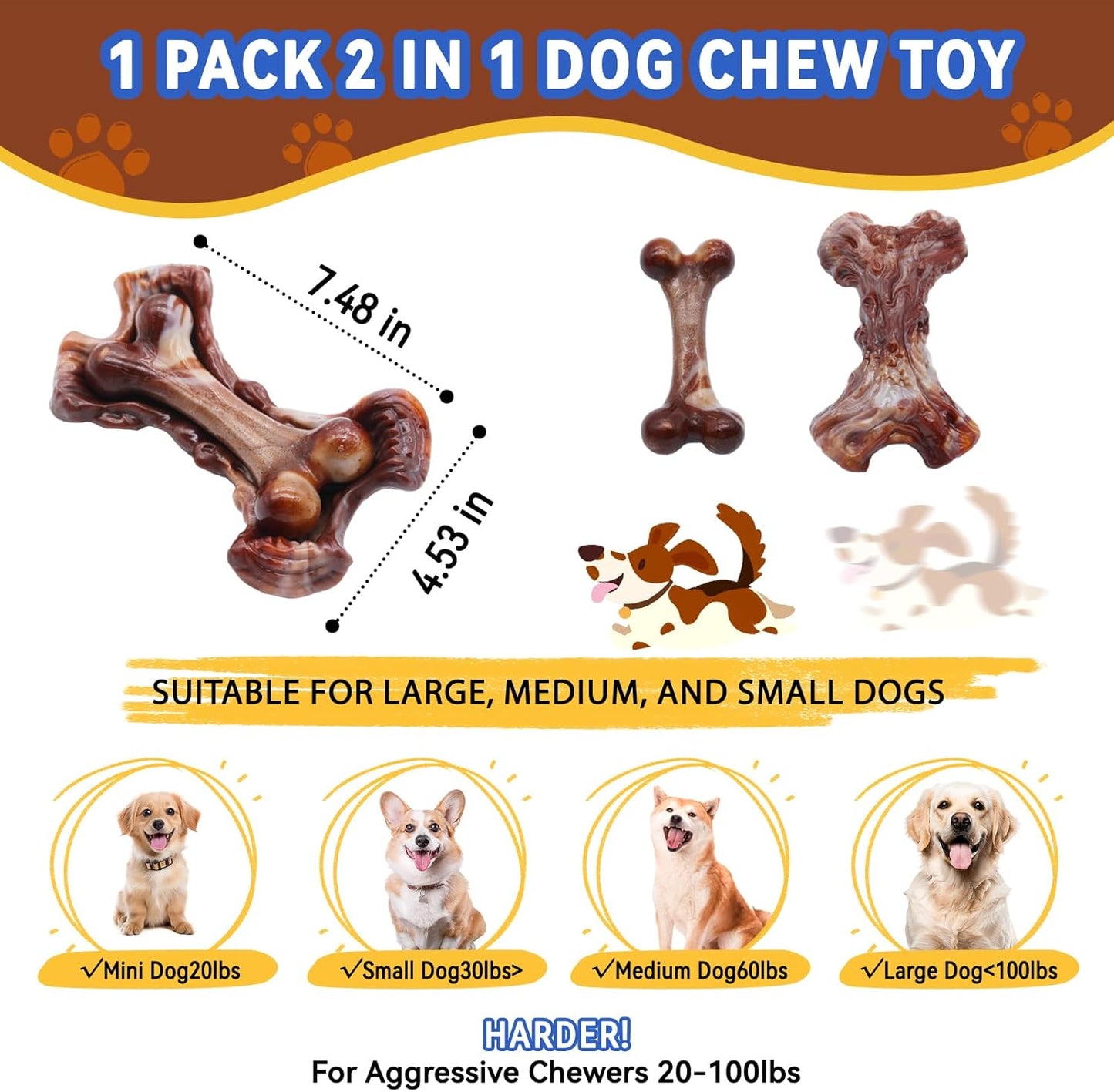 Magicorange Tough Dog Toys, Chew Toys for Aggressive Chewers, Dog Bone Toy Nylon Almost Indestructible Dogs Toy for Teeth Cleaning and Training (Brown)