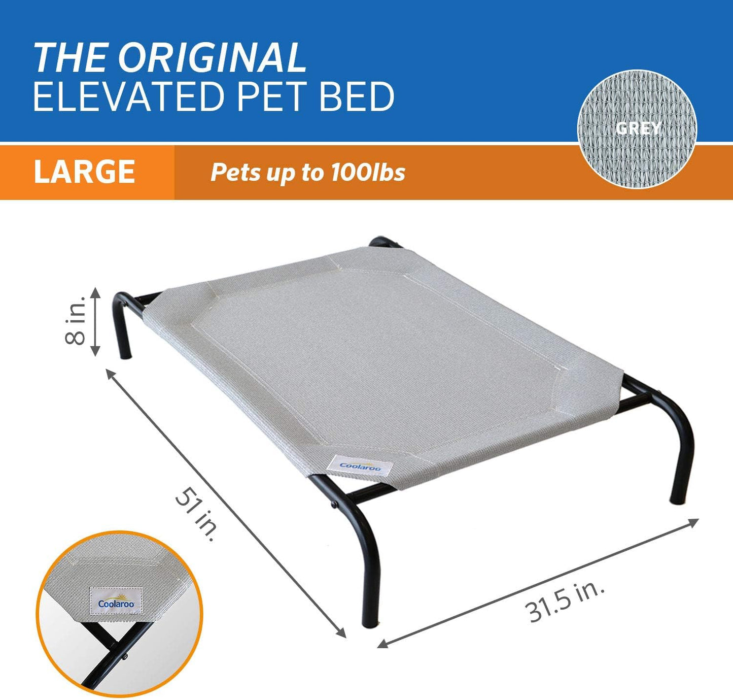 Coolaroo Original Elevated Dog Bed - Breathable Off-The-Ground Pet Bed with Cooling Fabric, Joint Relief & Moisture-Resistant Fabric, 100% Recyclable, Easy Clean, Grey, Large