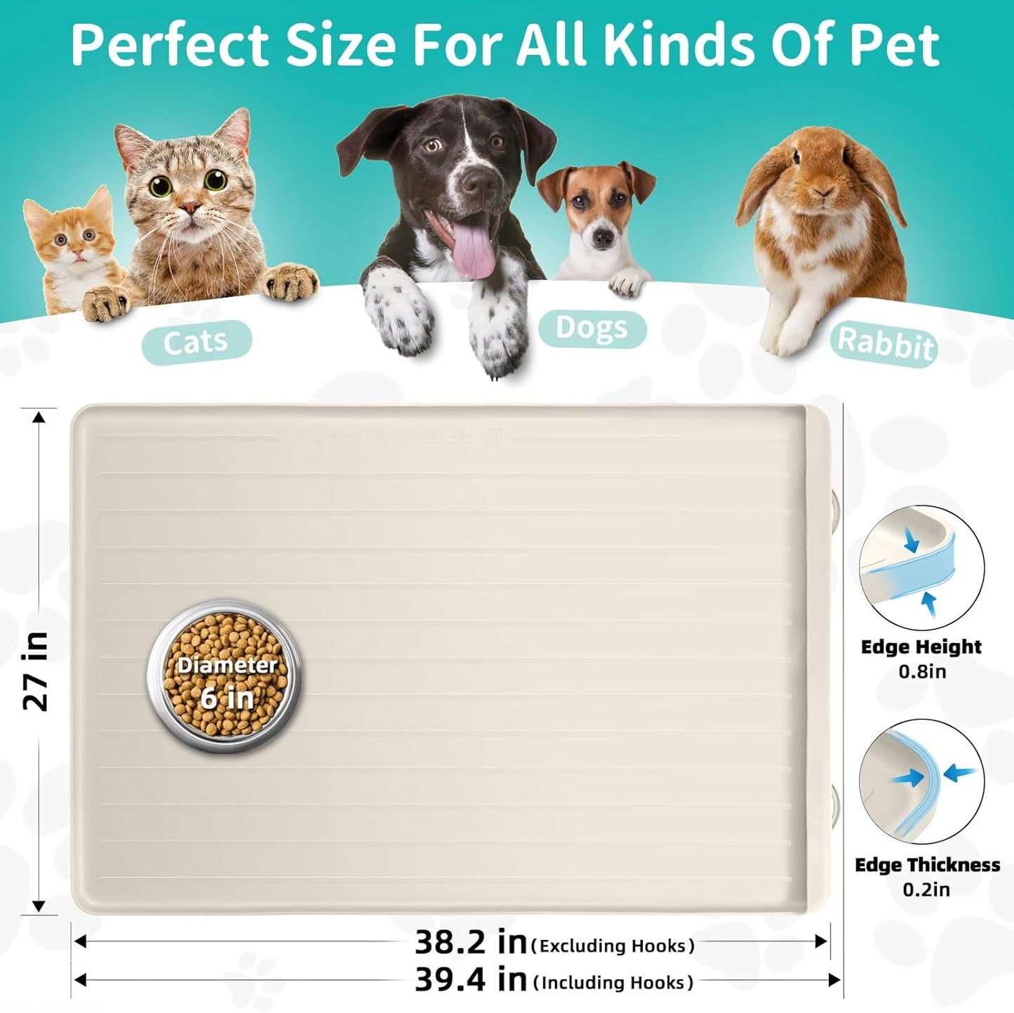 Dog Mat for Food and Water - 39.4" x 27" Large Pet Feeding Mats with Residue Collection Pocket - Waterproof Dog Cat Bowl Mat with High Edges to Prevent Water and Food Spills (Cream)