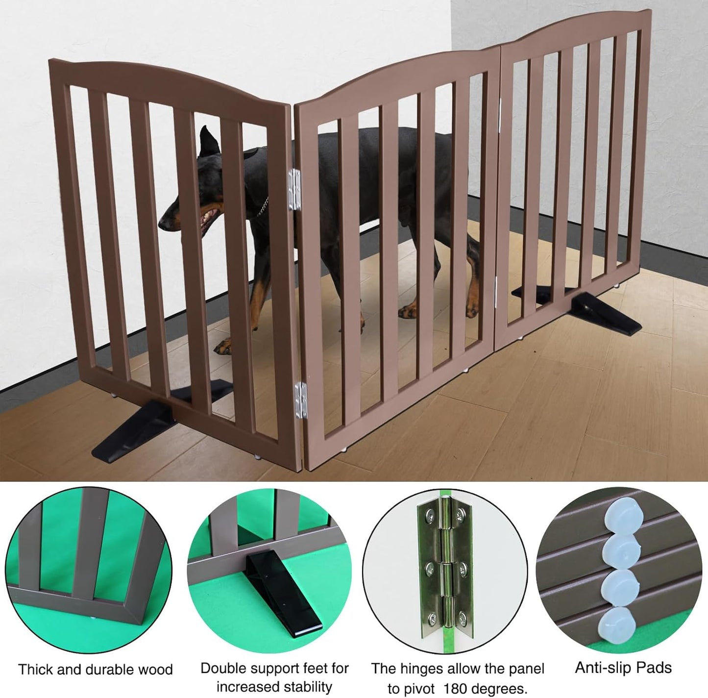 ZJSF Foldable Freestanding Indoor Dog Gate for House Wood Long Pet Gates Dog Fence for Stairs Puppy Gates for Hallways, Puppy Gate,Support Feet Included, Brown, 32 "Height-3 Panels