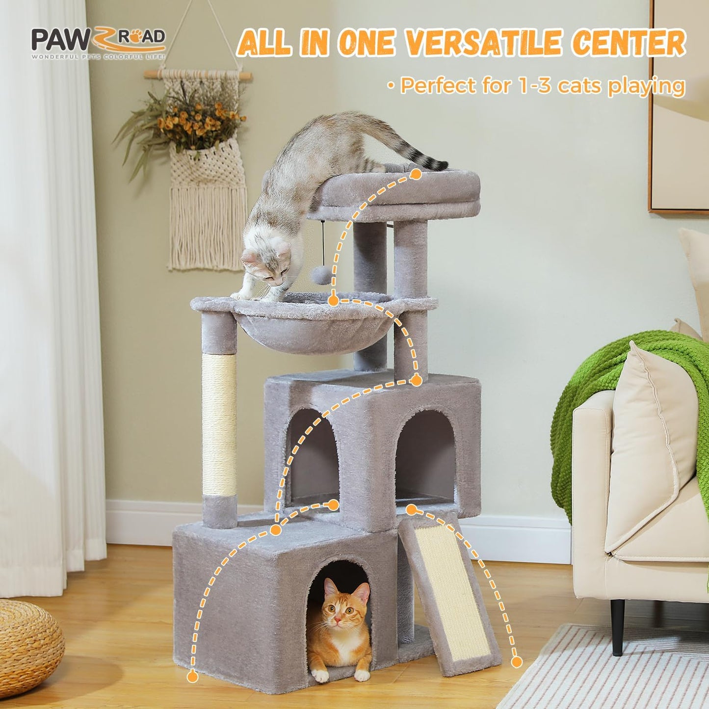 PAWZ Road Large Cat Tree, 41 Inches Multi-Level Cat Tower with 2 Spacious Condos for Indoor Cats, Large Cat House with Comfy Hammock, Padded Perch, Scratching Pad and Replaceable Balls-Gray
