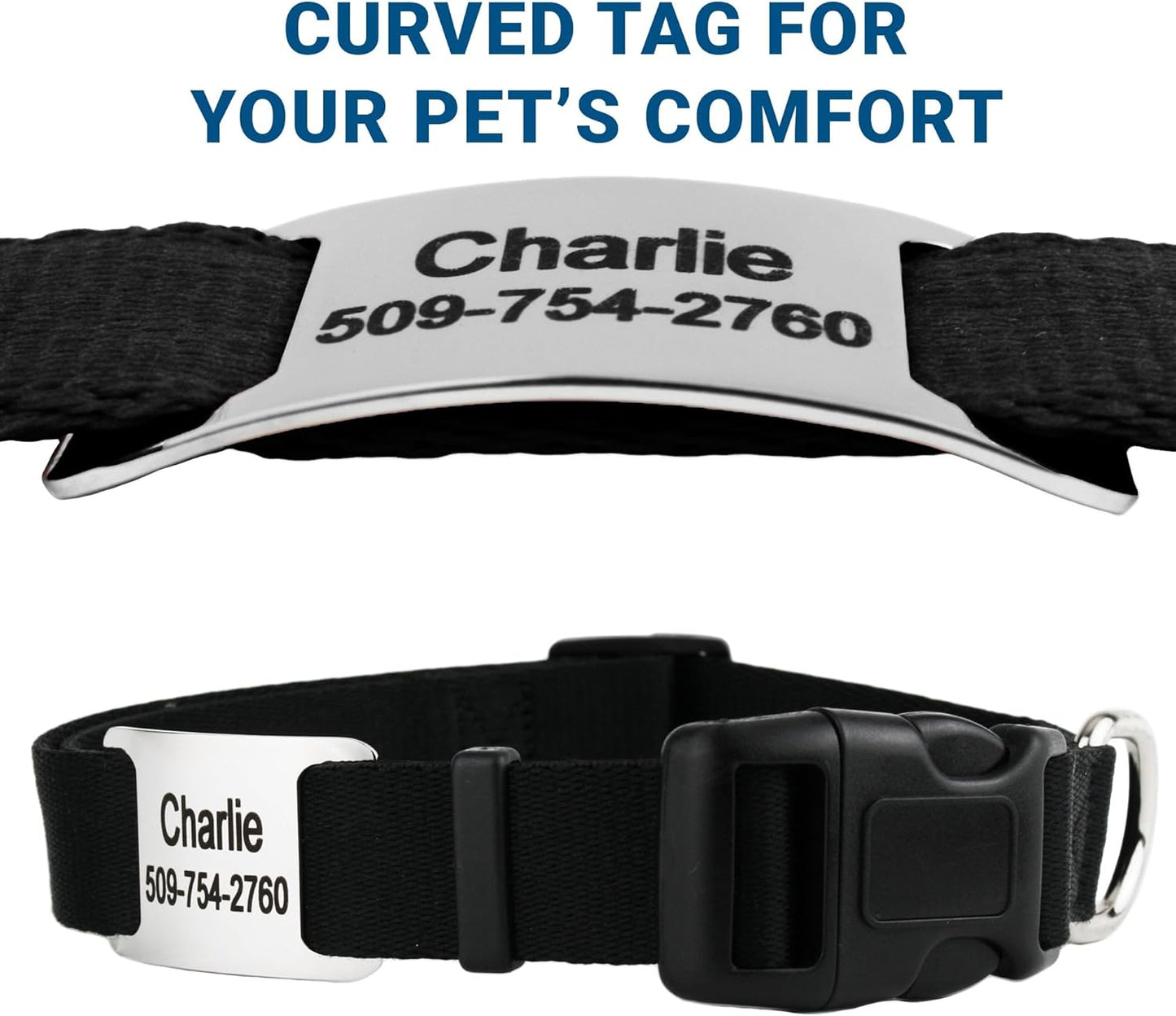 GoTags Reflective Personalized Dog Collar with Nameplate, Adjustable Dog Collar with Custom Engraved Steel Slide On Pet ID Tag, Silent, No Noise Dog Tag for Large Medium or Small (Light Blue, Medium)