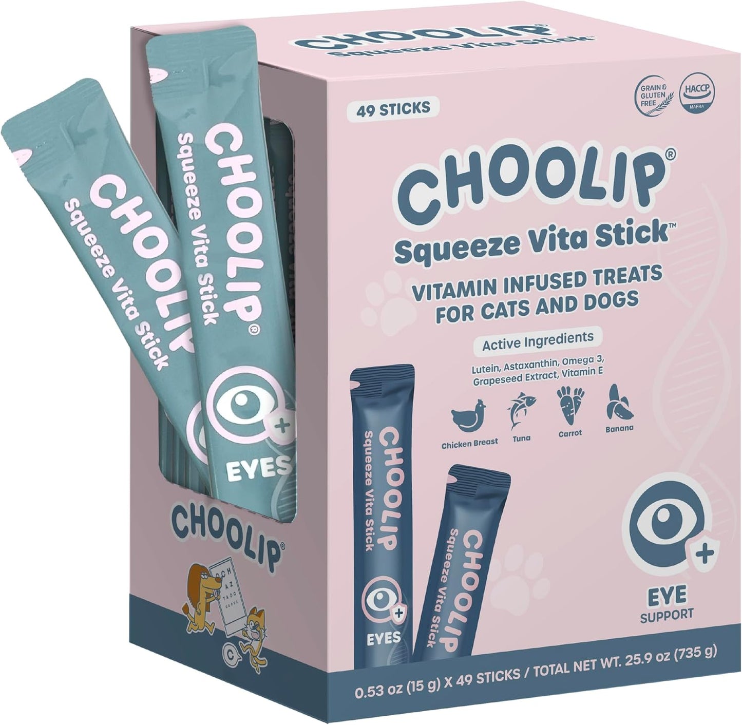 Grab & Go Squeeze Vita Stick Lickable Treats for Dogs & Cats. 49 Eye Health Sticks with Essential multivitamins. Soft and Tasty Paste for All Life Stages, Supporting Eyes Health
