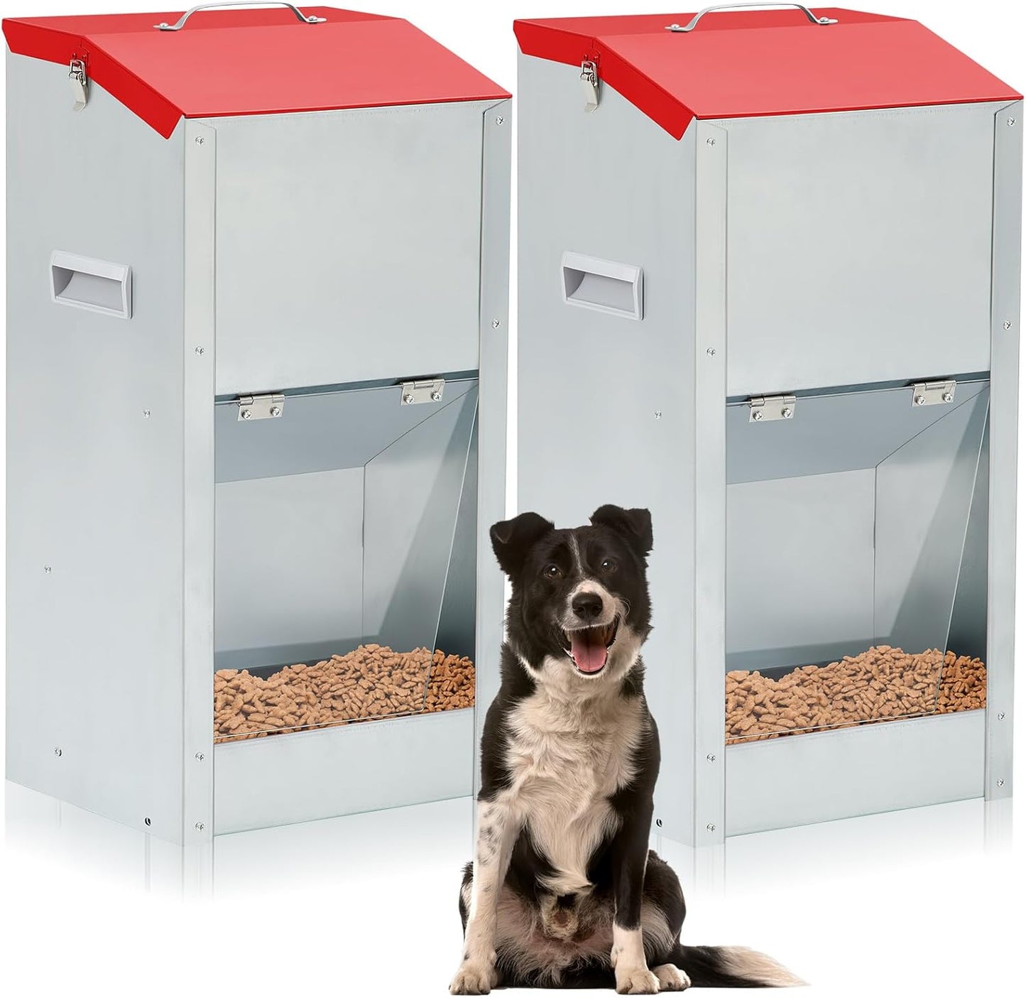 2 Pcs 25 Lbs Large Automatic Dog Feeders with Handle Acrylic Panel Galvanized Gravity Feeder Outdoor Hanging for Doggie Breed Dog Food Dispenser Container(Red)