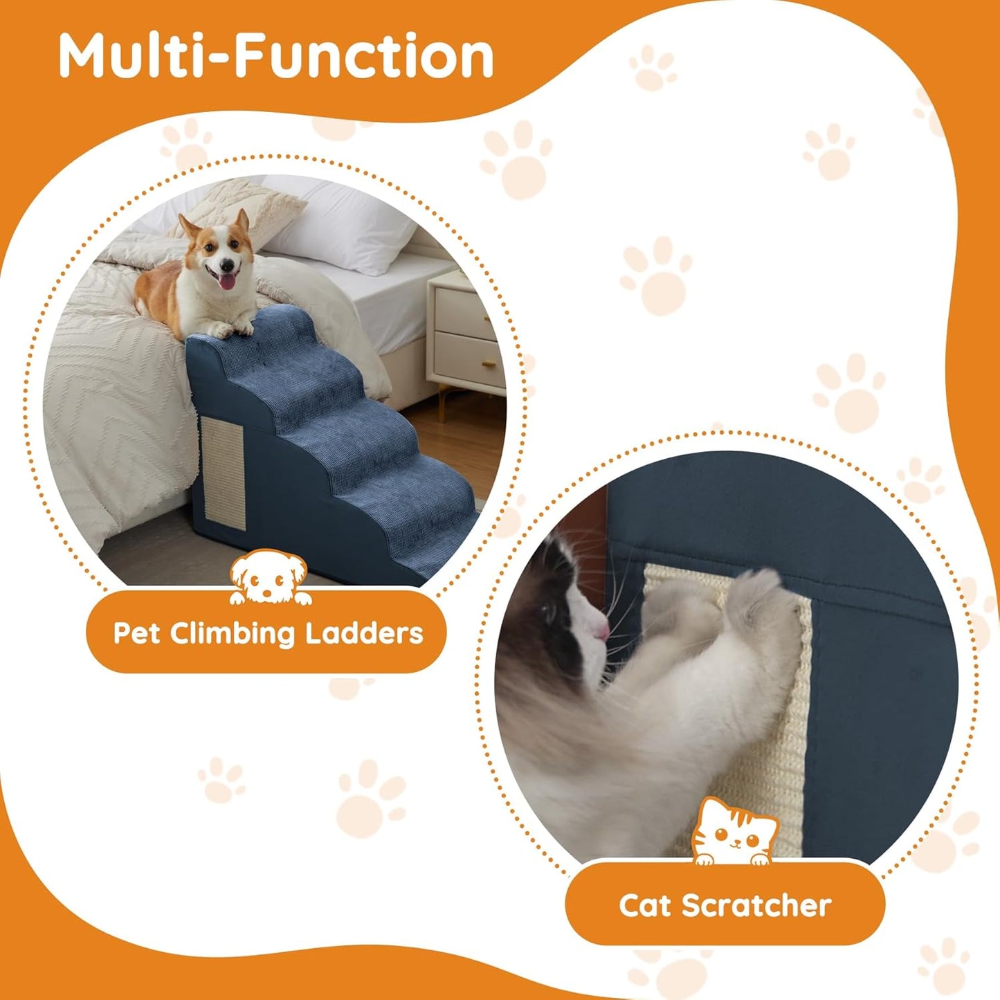 Navy Portable Pet Steps - 4-Step Dog & Cat Ramp for Bed, Couch, Sofa & Chairs - Non-Slip, High Density Foam