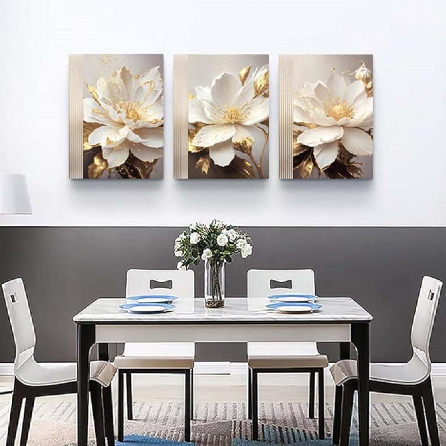Yxbhhym Flower Canvas Wall Decor Living Room Bathroom Wall Art Paintings for Bedroom Wall Art Dining Room White Floral Picture Poster Artwork Modern Framed Art Prints 3 Piece Home Decorations