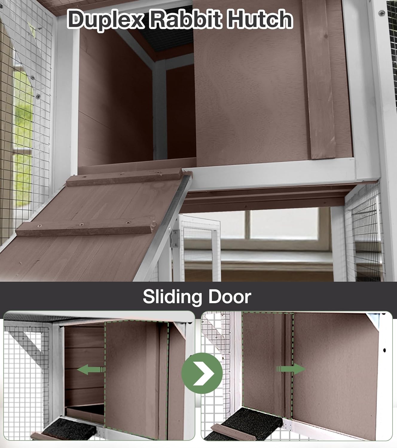 Rabbit Hutch 2-Story Wooden Bunny Cage with 2 Leak-Proof Sliding Trays, Chew-Proof Metal Mesh, Rainproof Cover, Indoor & Outdoor Guinea Pig House with Wheels - Brown