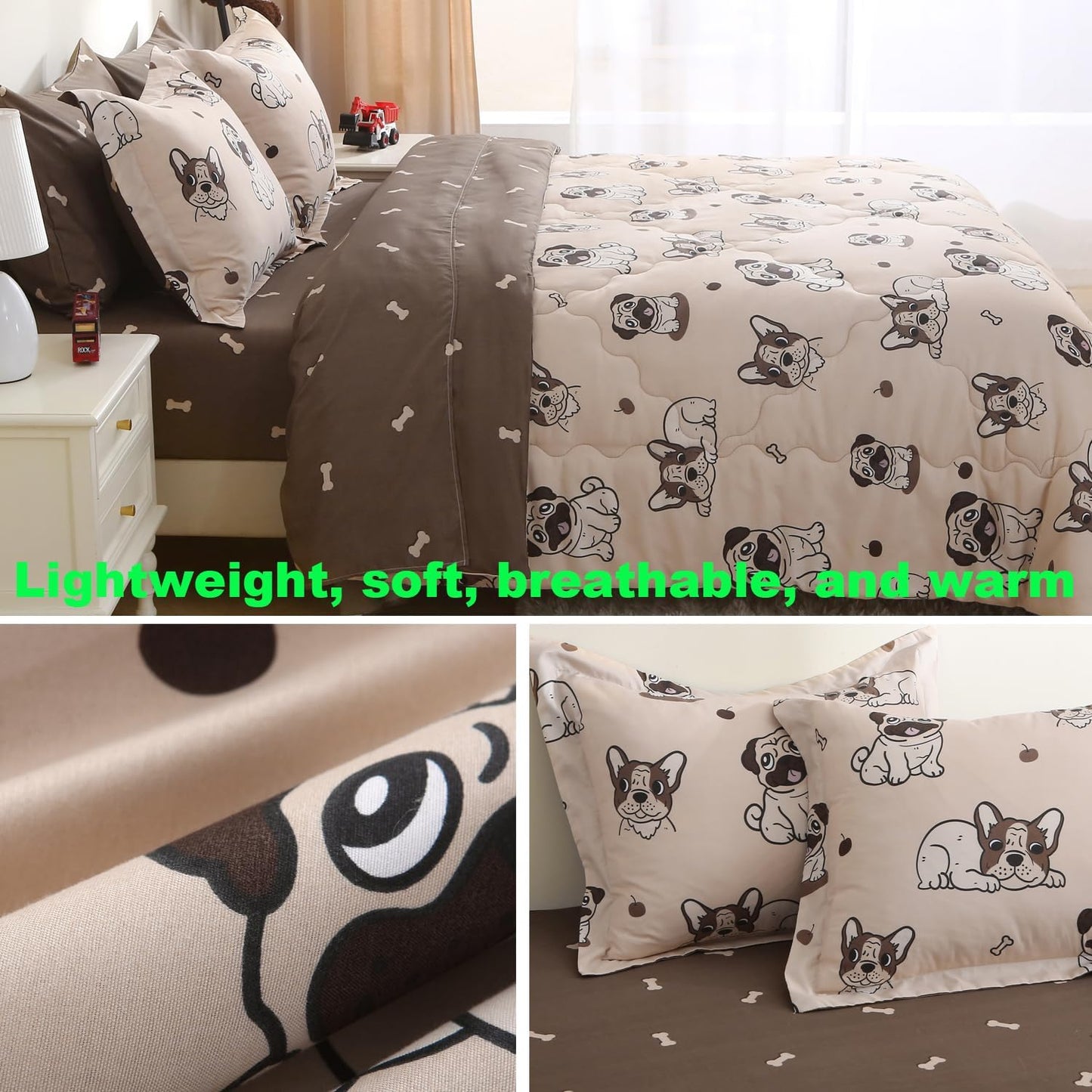 Kids Comforter Set 7 Piece Bedding Cute Dog Cartoon Animal Bed Microfiber Comforter Queen Size All Season (1 Comforter, 1 Flat Sheet, 1 Fitted Sheet, 4 Pillowcase)