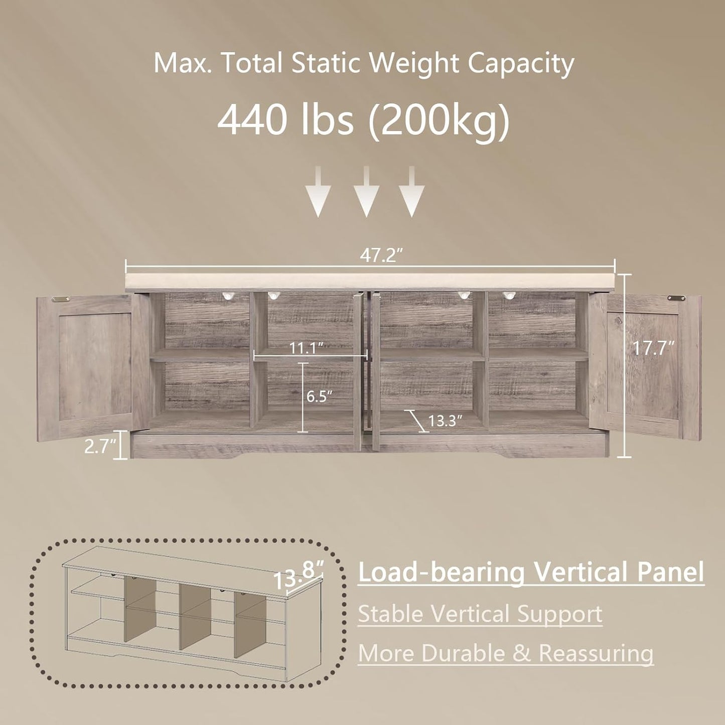 DINZI LVJ Shoe Bench, Entryway Storage Bench with Doors, Cushion, 2-Tier Shoe Rack with 8-Cubby, 47.2”L x 13.8”W Shoe Organizer Cabinet, Adjustable Shelf, Living Room, Bedroom, Greige