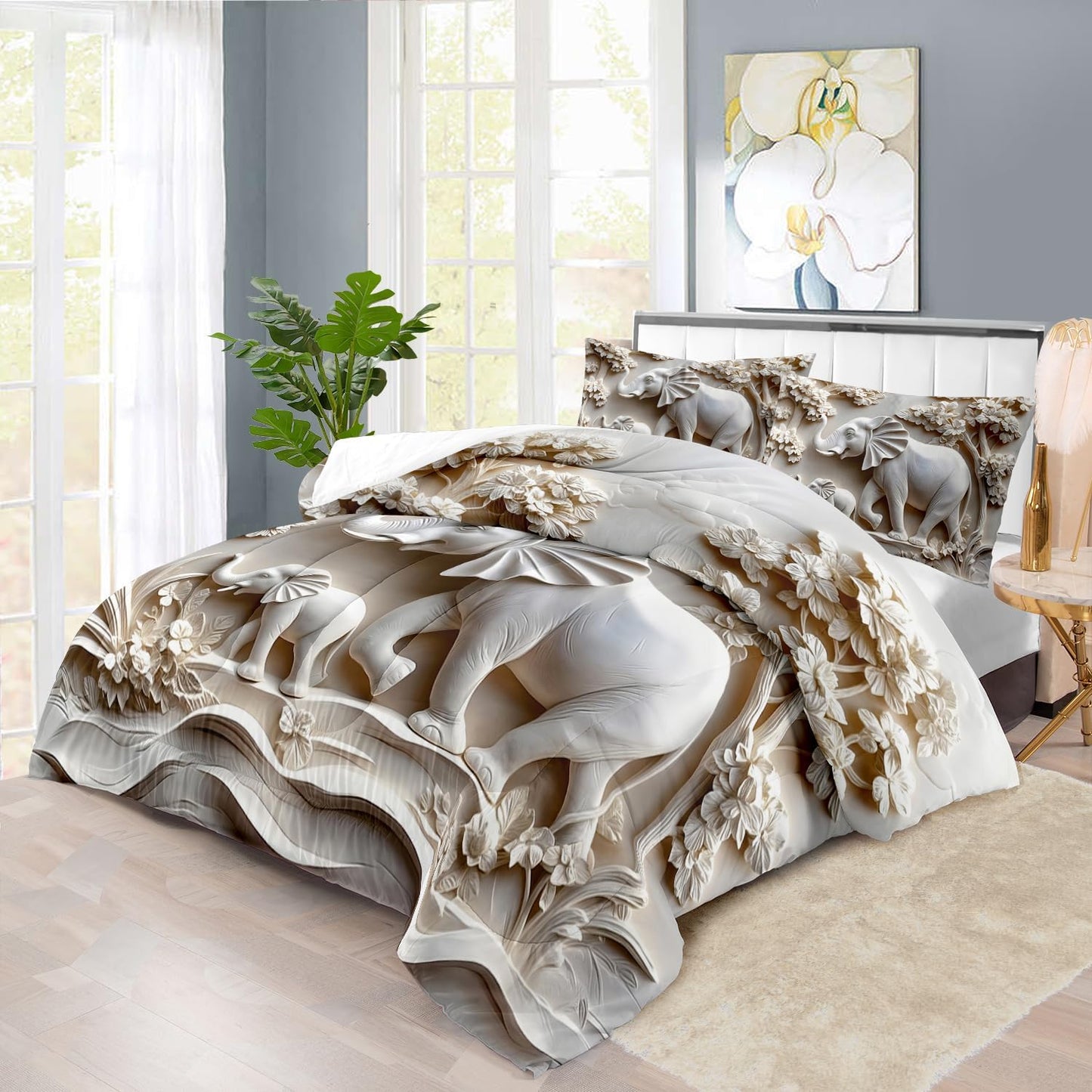 Elephant Comforter Set Twin Adult, White Animal Bedding Set Twin for Man, Cute Animal Comforter for Kids,Elephant Quilt Pattern White Bedroom Decor Womens, Relief Bedding