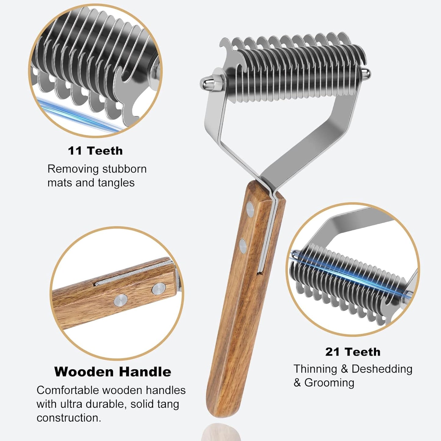 Undercoat Rake for Dogs - Dual-Sided Deshedding Blade, Wooden Handle, Professional Pet Grooming Tool with Matting Remover & Shedding Control for Double Coat Dogs & Long-Haired Cats, Large