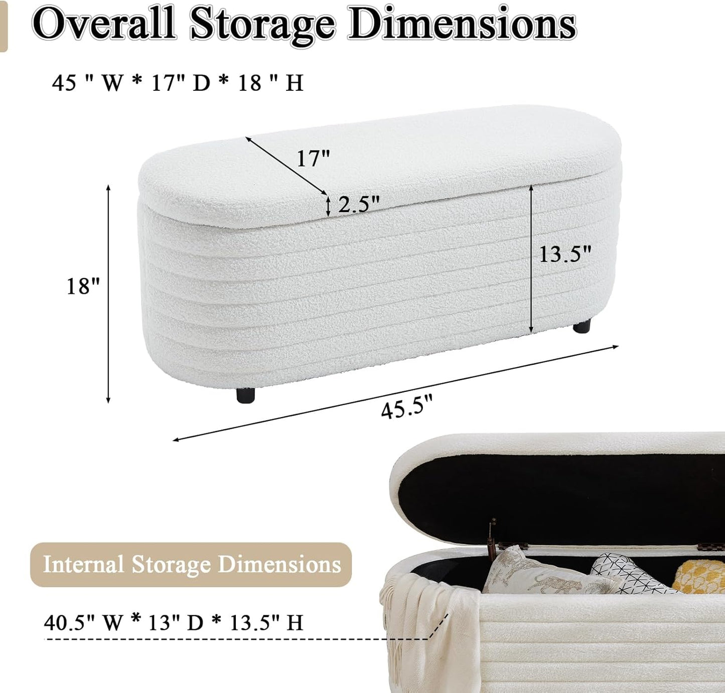 Storage Teddy Ottoman Bench Upholstered Fabric Storage Bench End of Bed Stool with Safety Hinge for Bedroom, Living Room, Entryway, Closet(44.5", White)