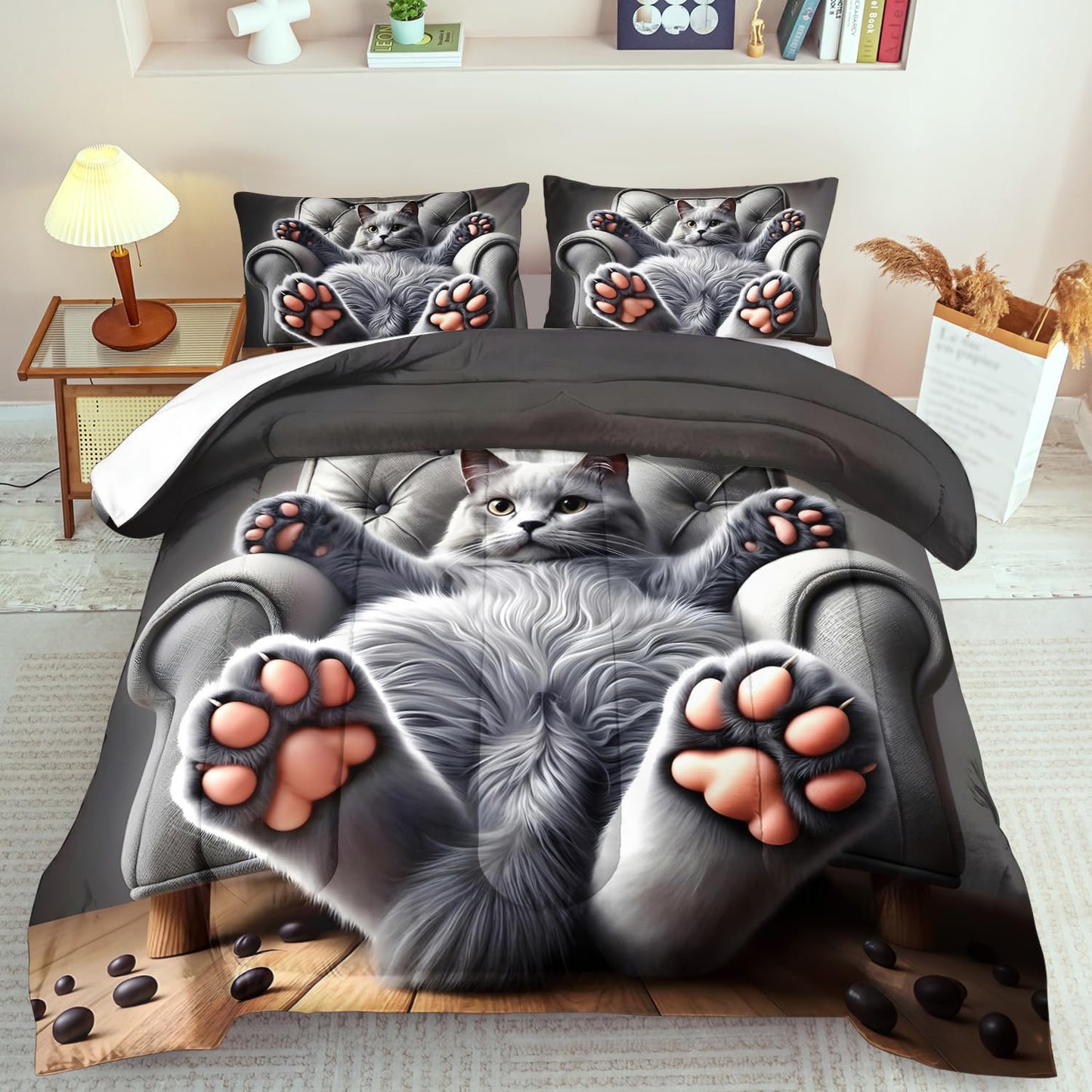 Cute Cat Comforter Set King,Grey Kawaii Cat Bedding Set Adult,Cute Animal Comforter for Boy,American Shorthair Bedding Grey,Kawaii Animal Print Quilt Bedroom Decor Kids