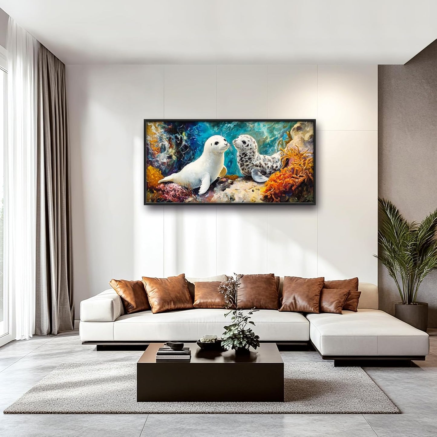 Extra Large Seal Framed Wall Art for Living Room,Oversized Underwater Animal Pictures Wall Decor,Ocean Coral Reef Canvas Print Painting Modern Artwork Bedroom Office Bathroom 60L" x 30W"